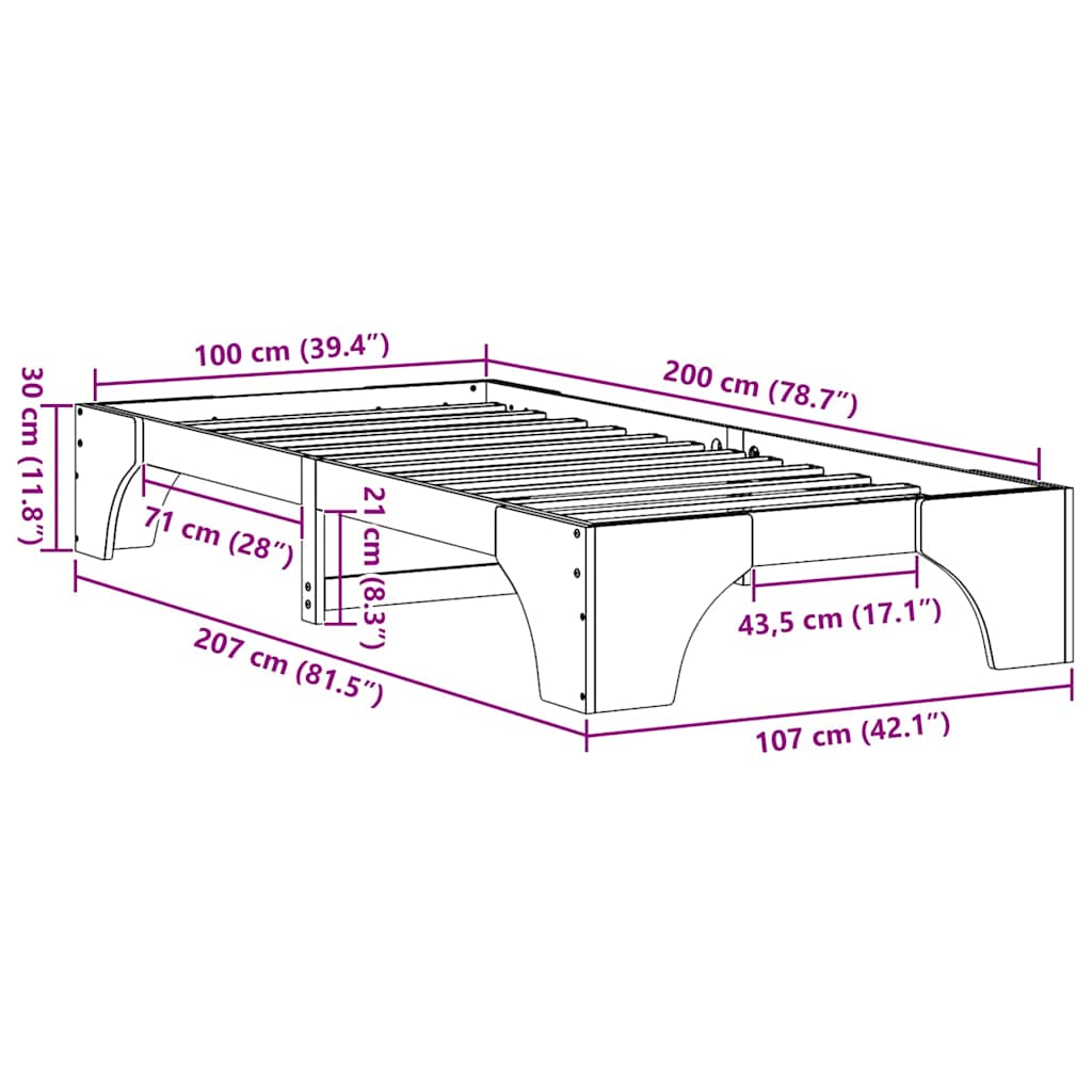 Krevetna konstrukcija Prirodna 100 x 200 cm Čvrsto borovo drvo