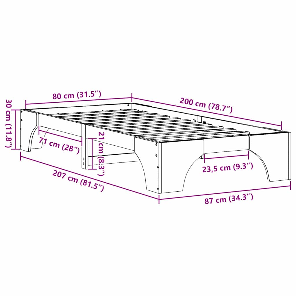 Krevetna konstrukcija Prirodna 80 x 200 cm Čvrsto borovo drvo