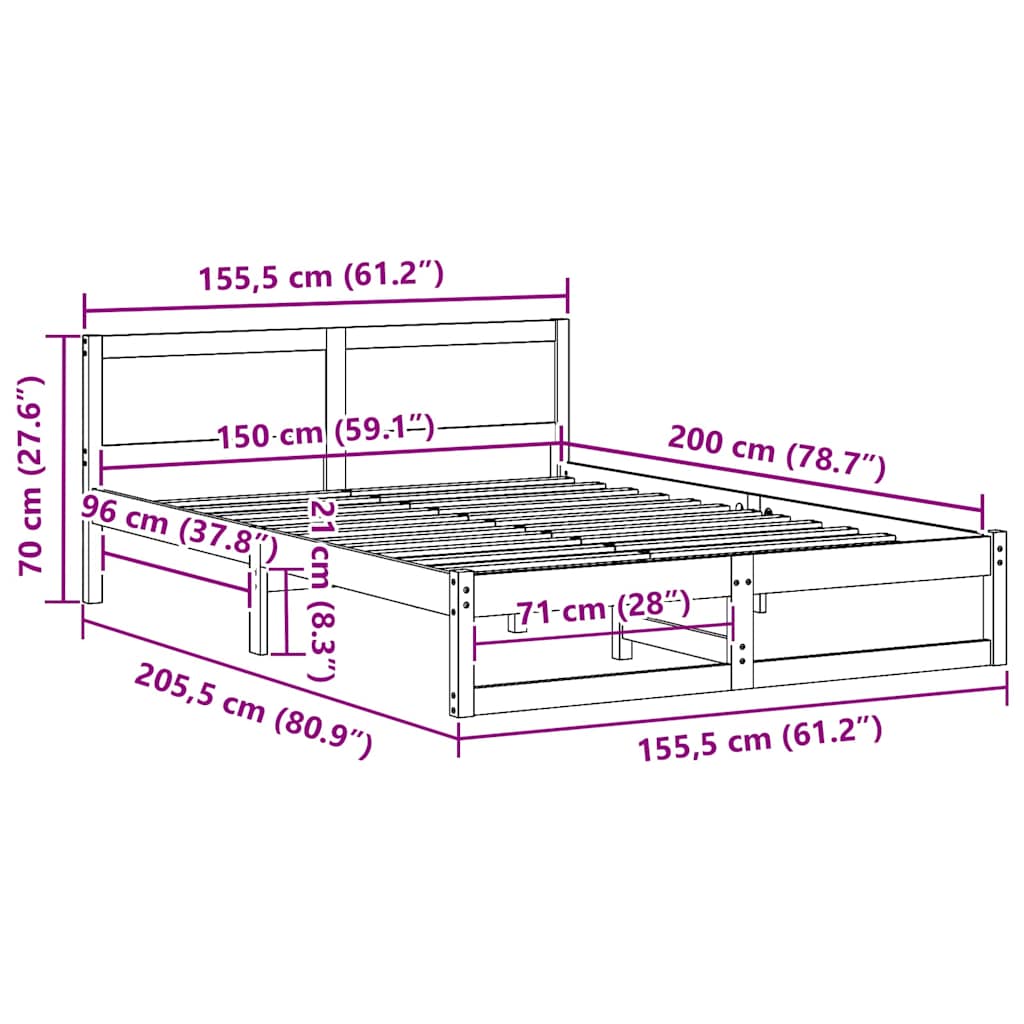 Krevetna konstrukcija Prirodna 150 x 200 cm Čvrsto borovo drvo