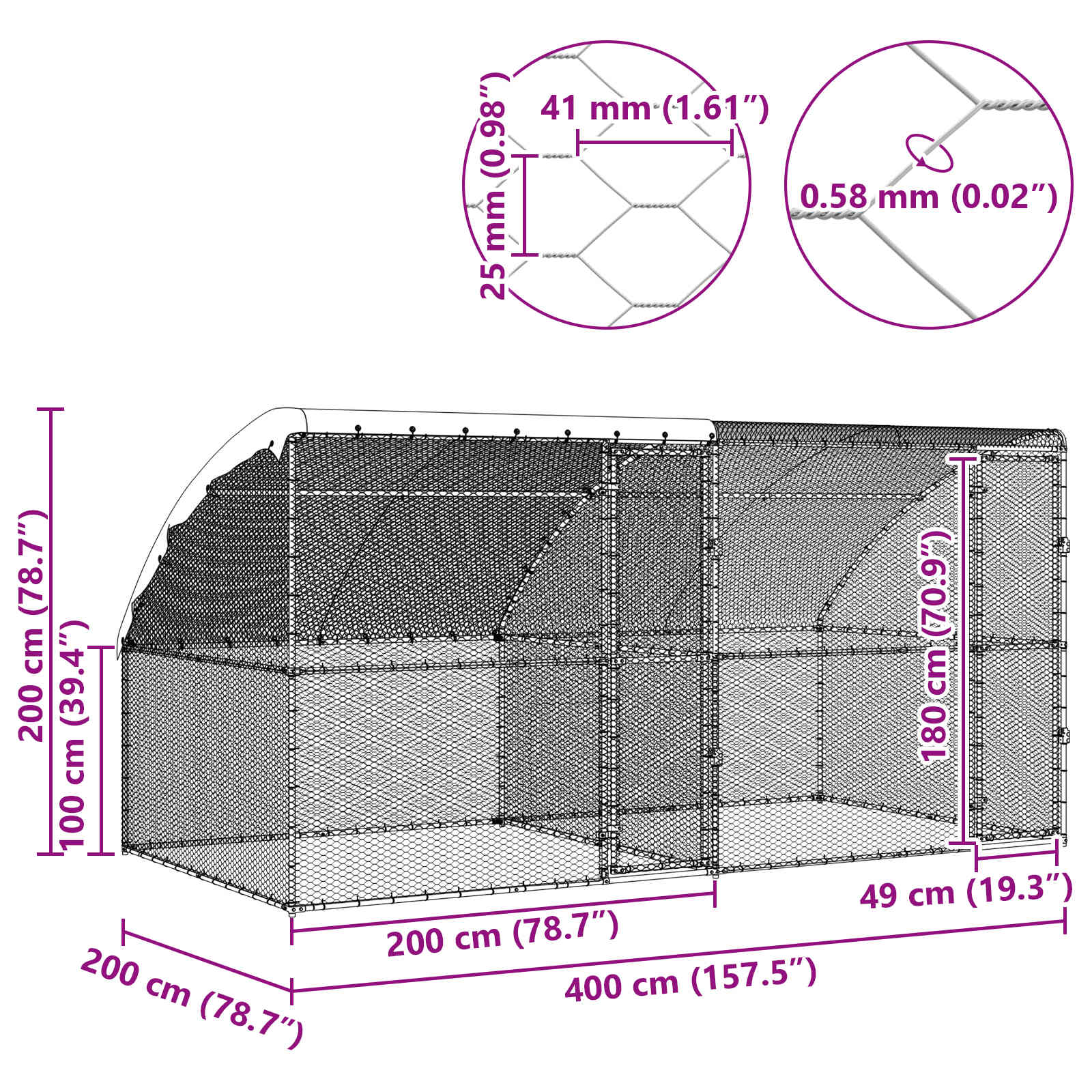 Kavez za piliće 2 pcs Srebrno 400 x 200 x 200 cm Čelik i PE