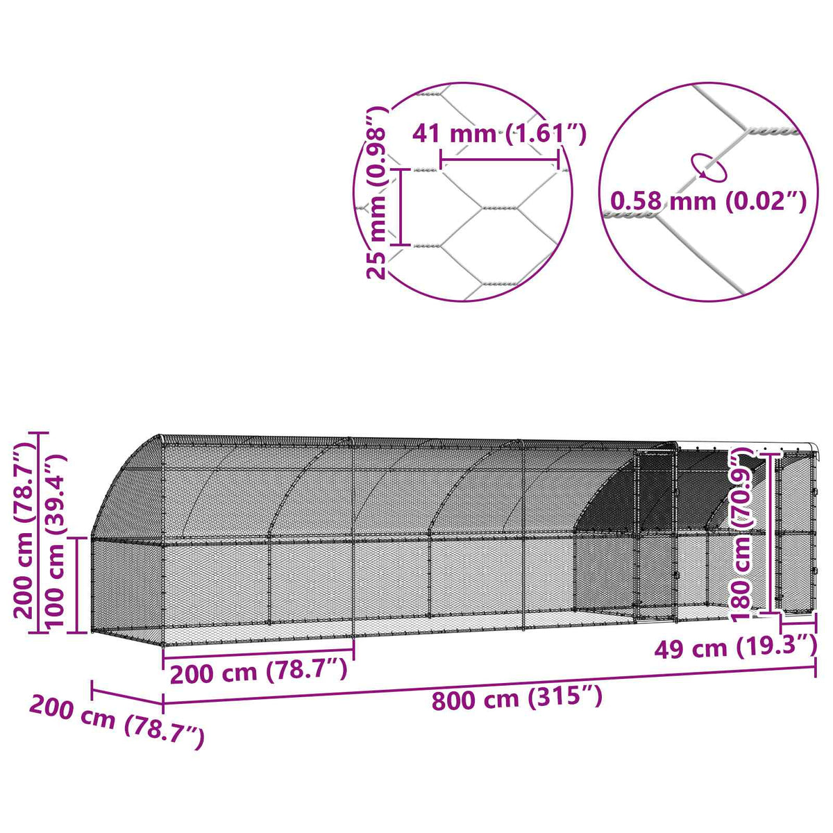 Kavez za piliće 4 kom. Srebrno 800 x 200 x 200 cm Čelik i PE