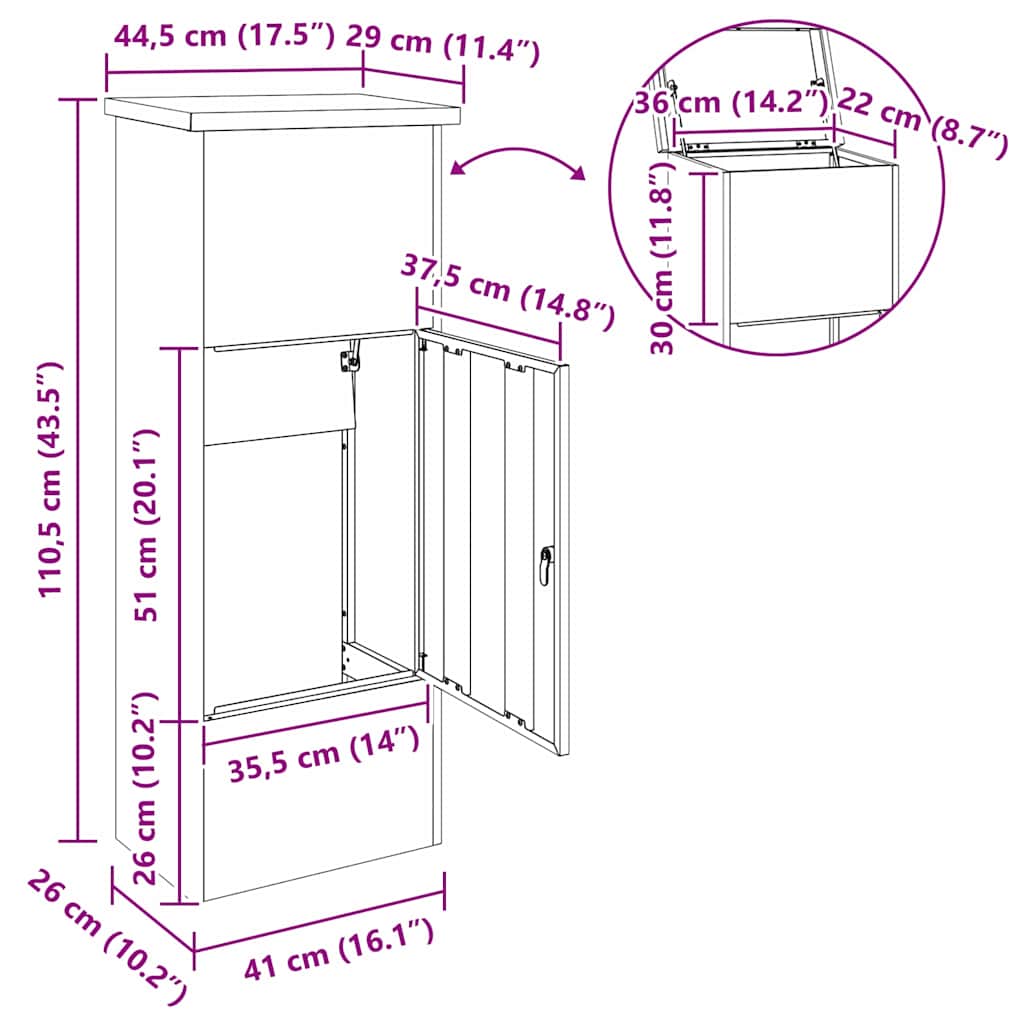 Sandučić za pakete Crna 44,5 x 29 x 110,5 cm Cinkani čelik
