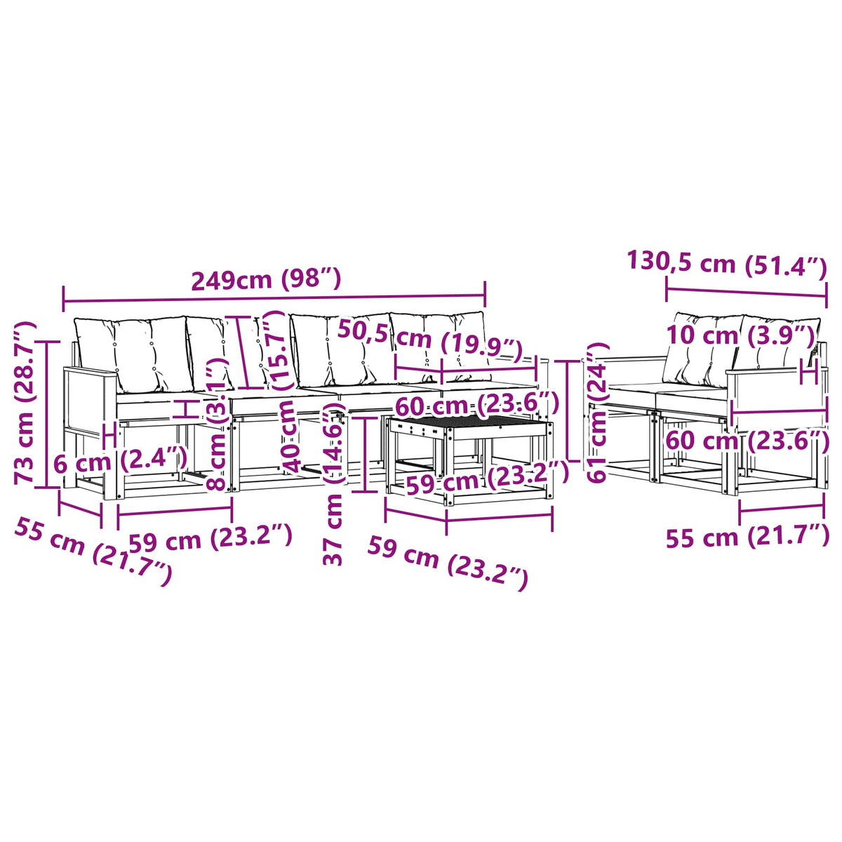 Set vanjskih sofa 7 kom. Prirodna i crna