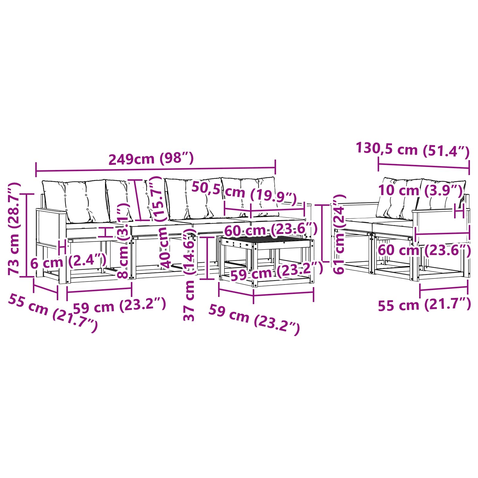 Set vanjskih sofa 7 kom. Prirodna i crna