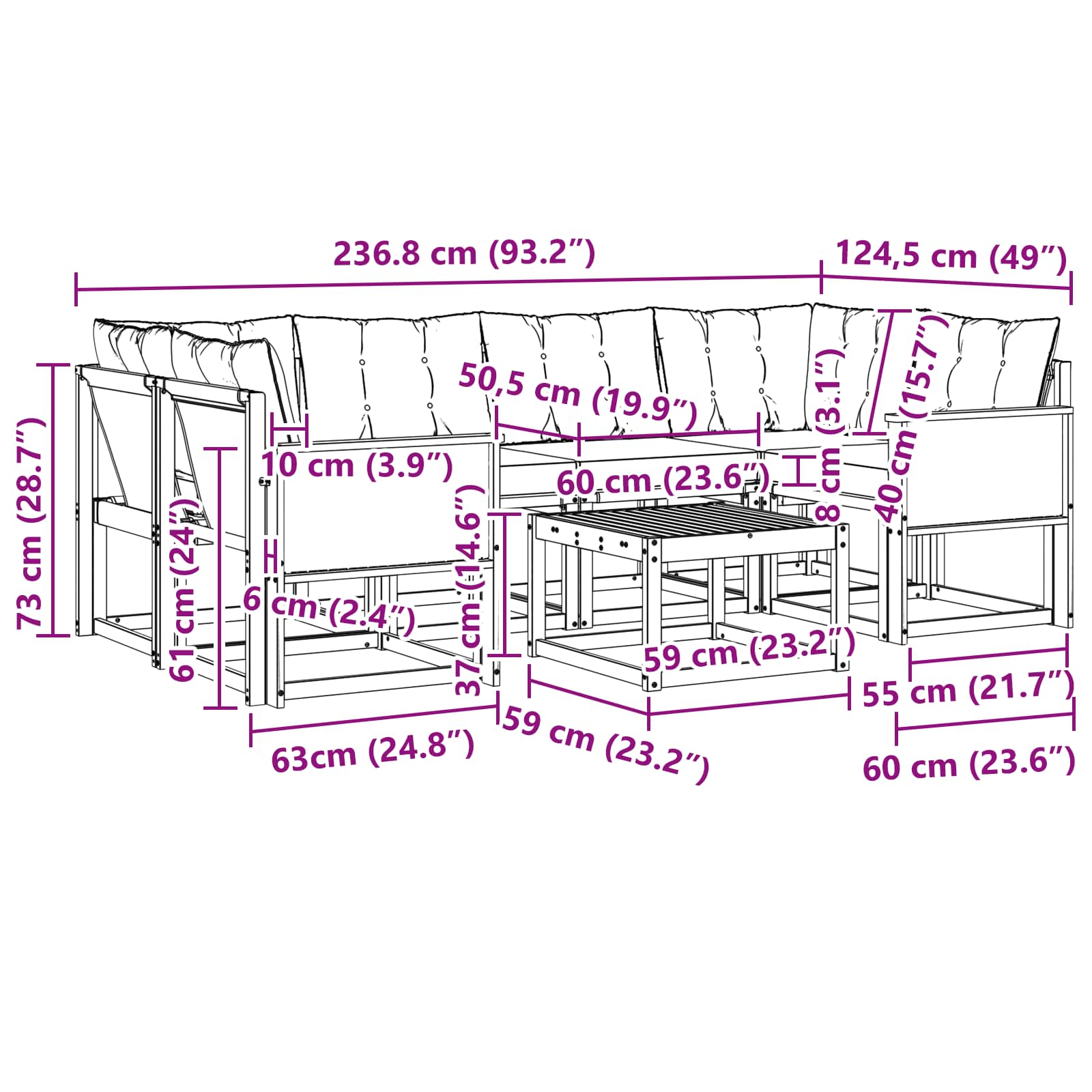 Set vanjskih sofa 7 kom. Prirodna i crna