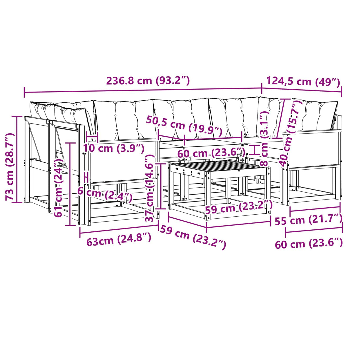 Set vanjskih sofa 7 kom. Prirodna i crna
