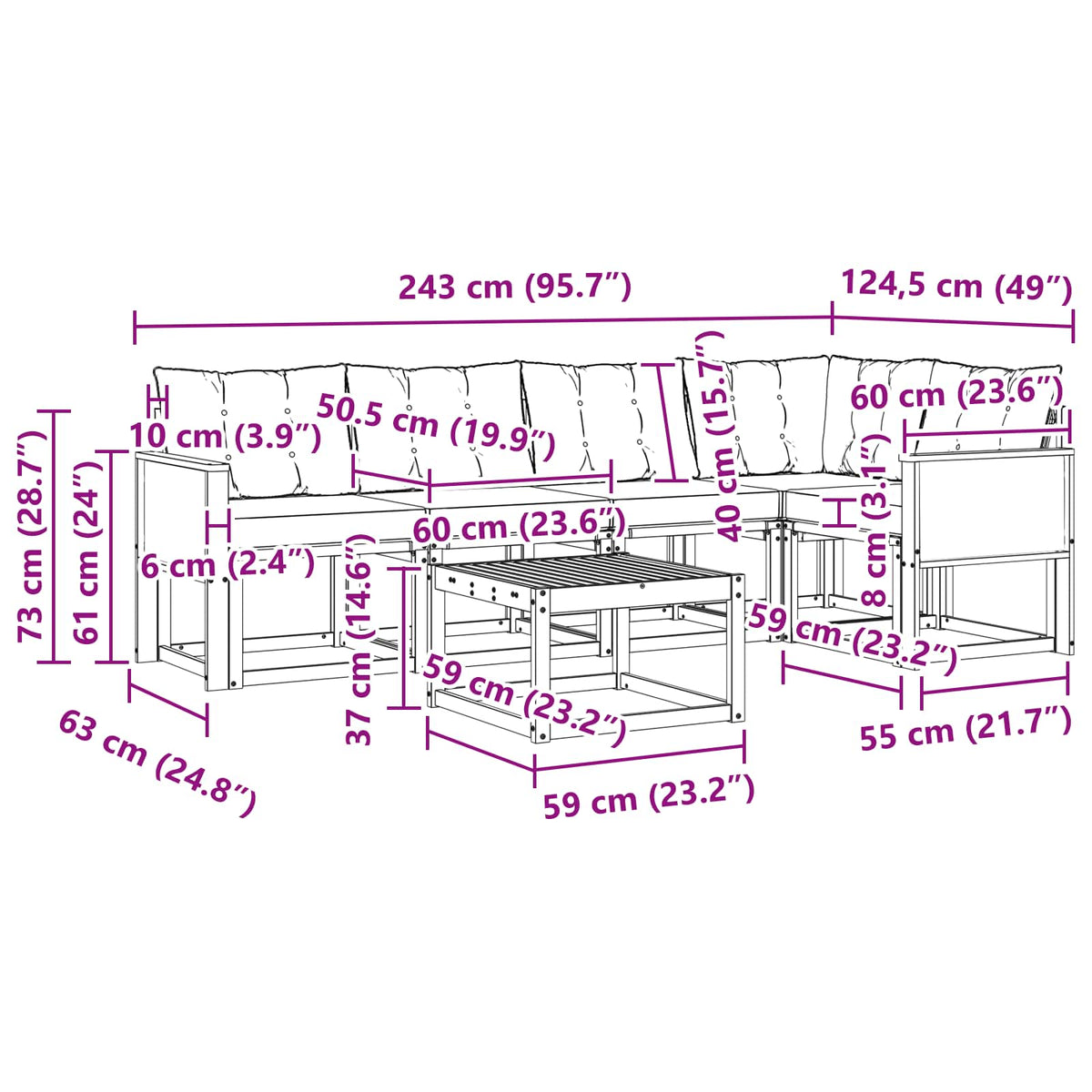 Set vanjskih sofa 6 kom. Prirodna i crna