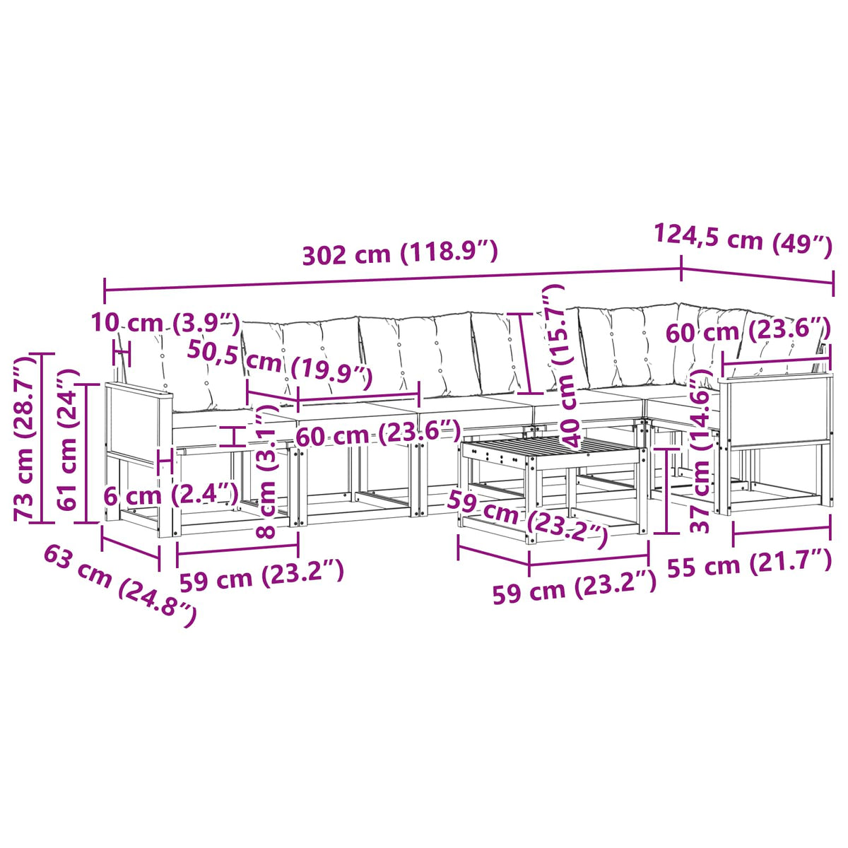 Set vanjskih sofa 7 kom. Prirodna i crna