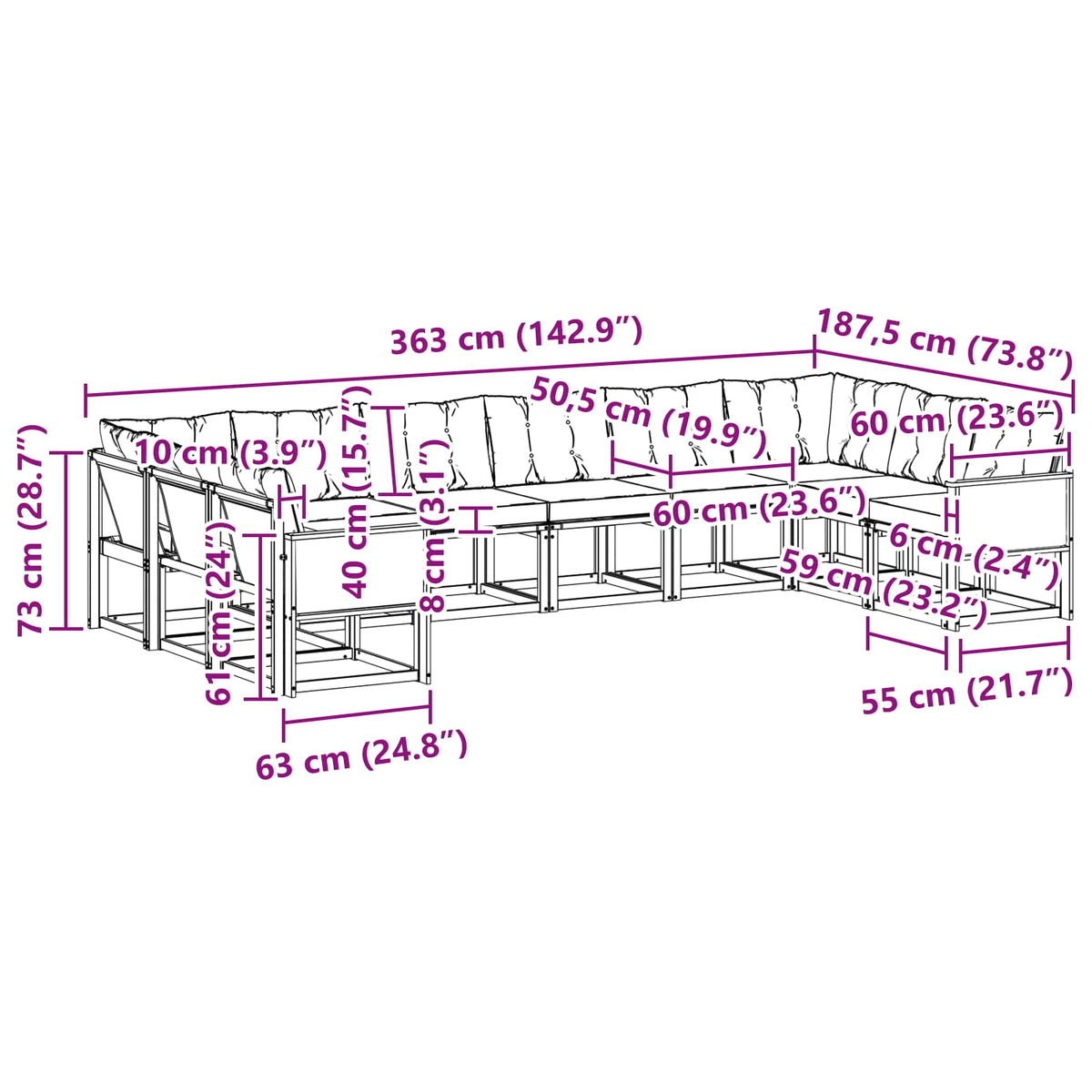Set vanjskih sofa 10 kom. Prirodna i crna
