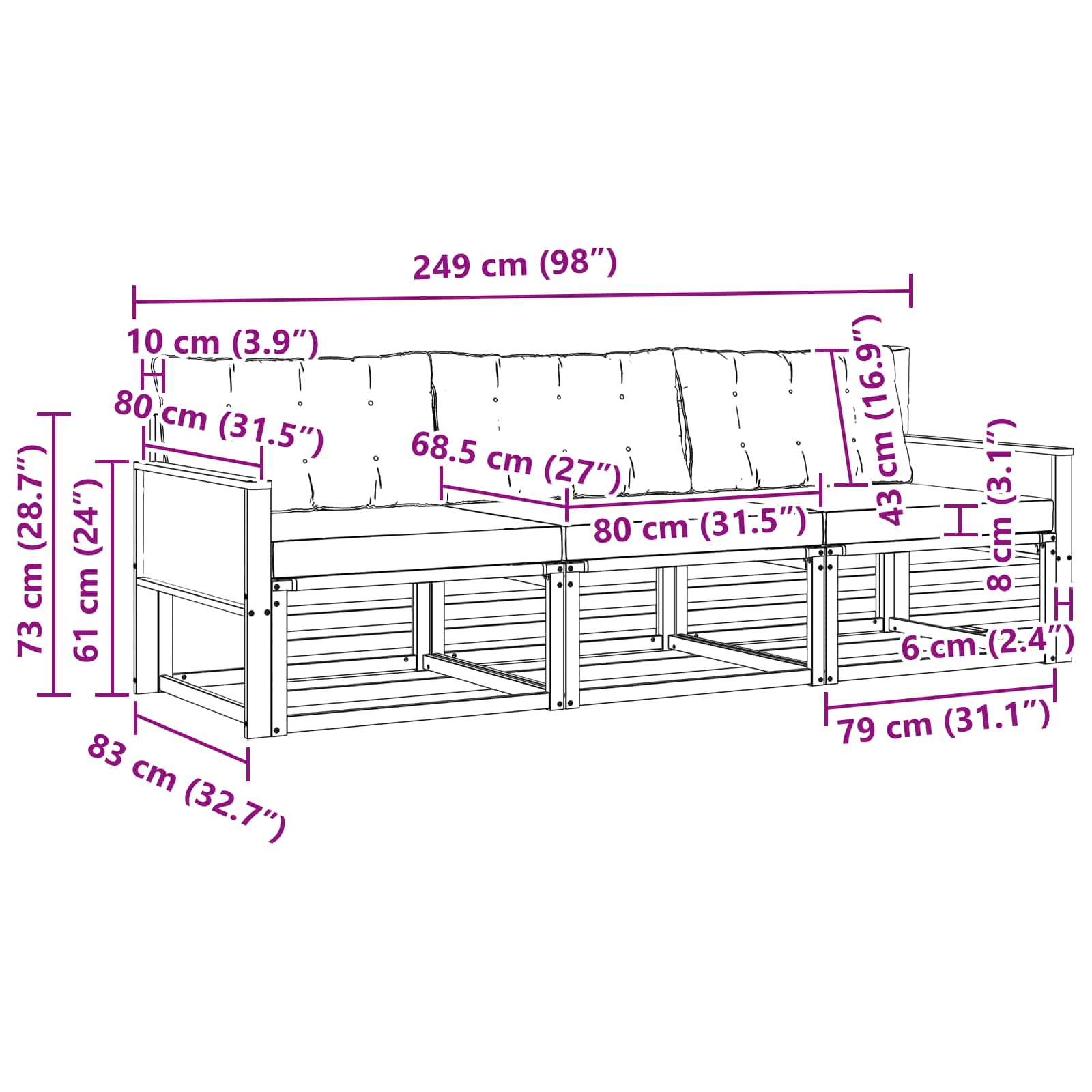 Set vanjskih sofa s jastukom 3 pcs Prirodna i svjetlosiva