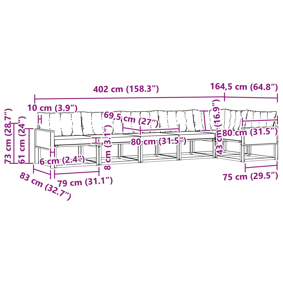 Set vanjskih sofa 6 kom. Prirodna i krem Smeđa 402 x 164,5 x 73 cm