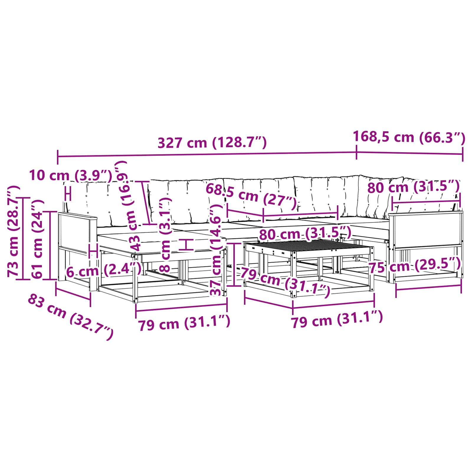 Set vanjskih sofa 7 pcs Prirodna i crna Čvrsto drvo akacije