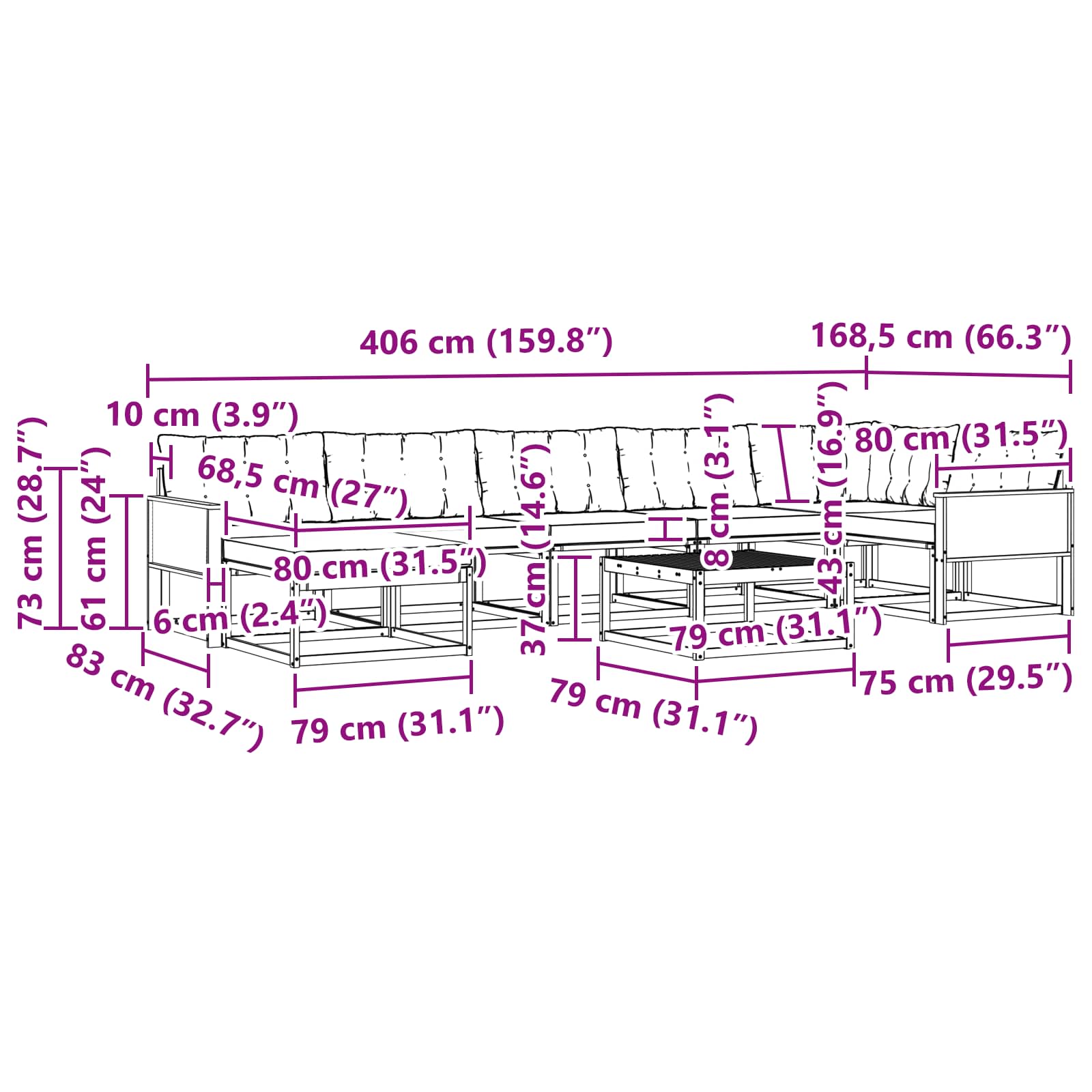 Set vanjskih sofa 8 pcs Prirodna i krem Čvrsto drvo akacije