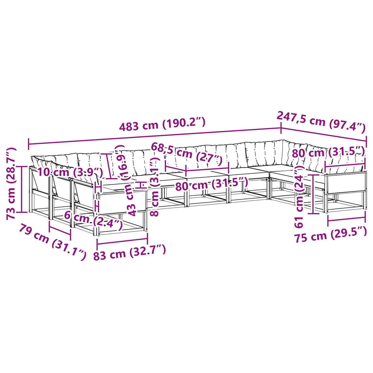 Set vanjskih sofa 10 kom. Prirodna i crna
