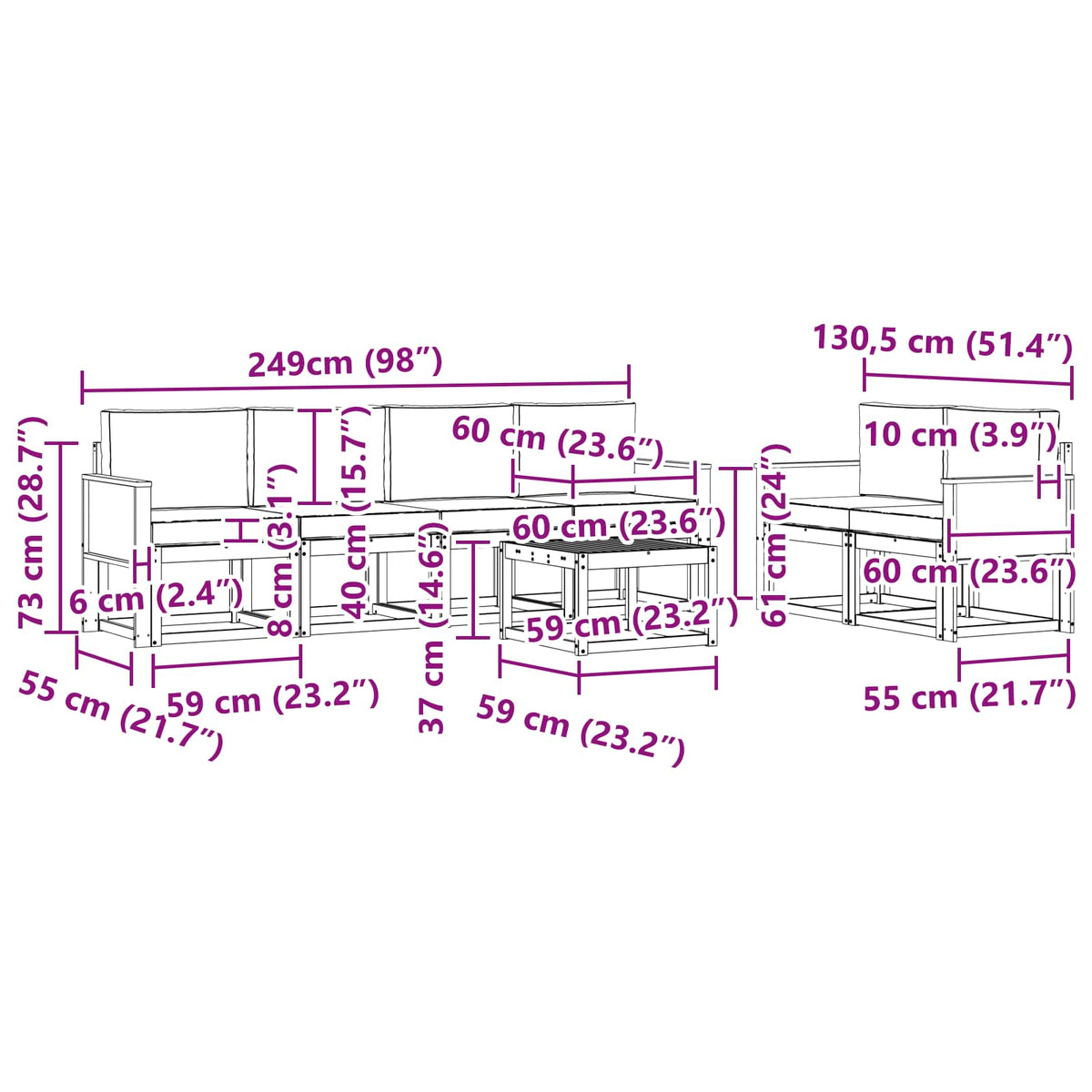 Set vanjskih sofa 6 kom. Prirodna