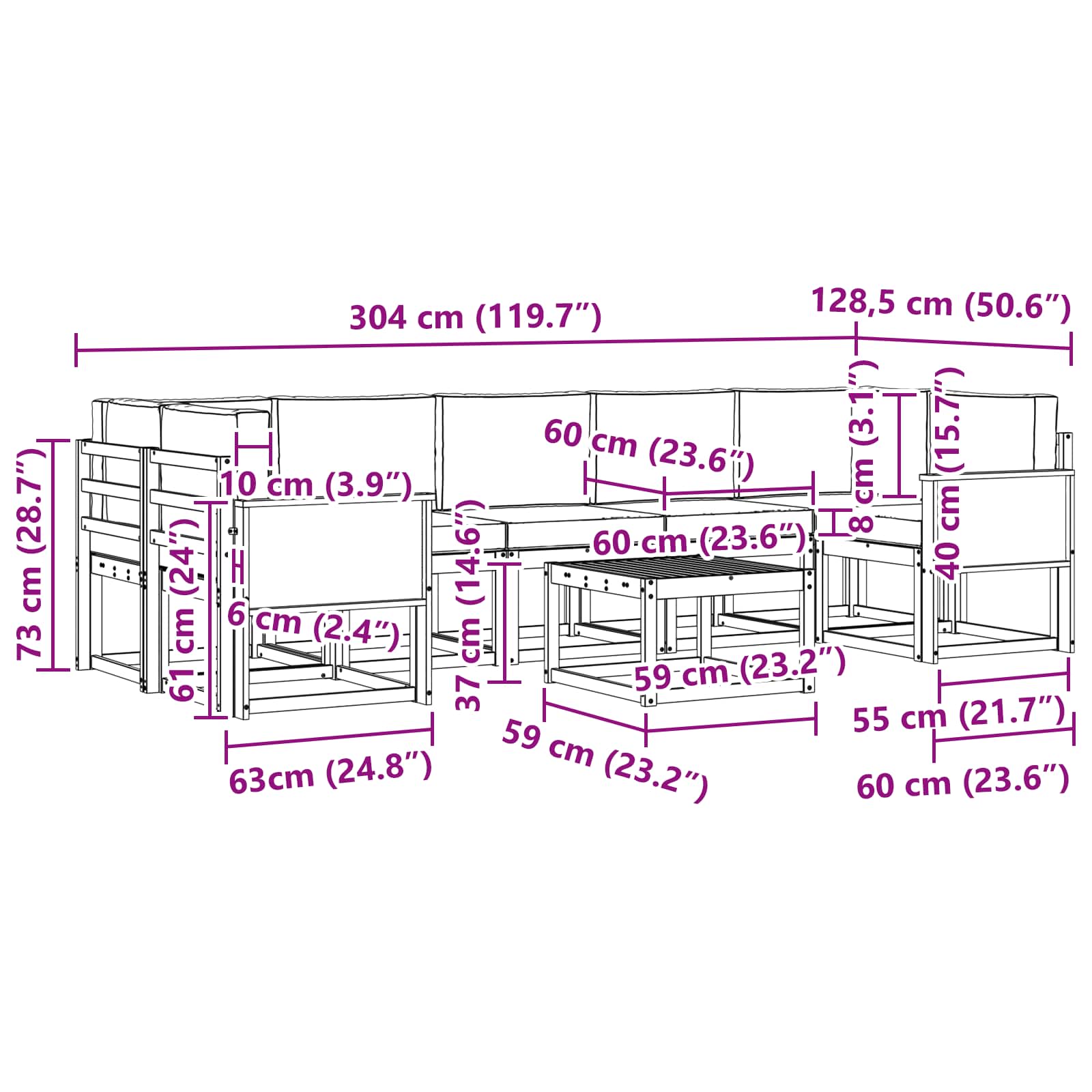 Set vanjskih sofa 6 kom. Prirodna