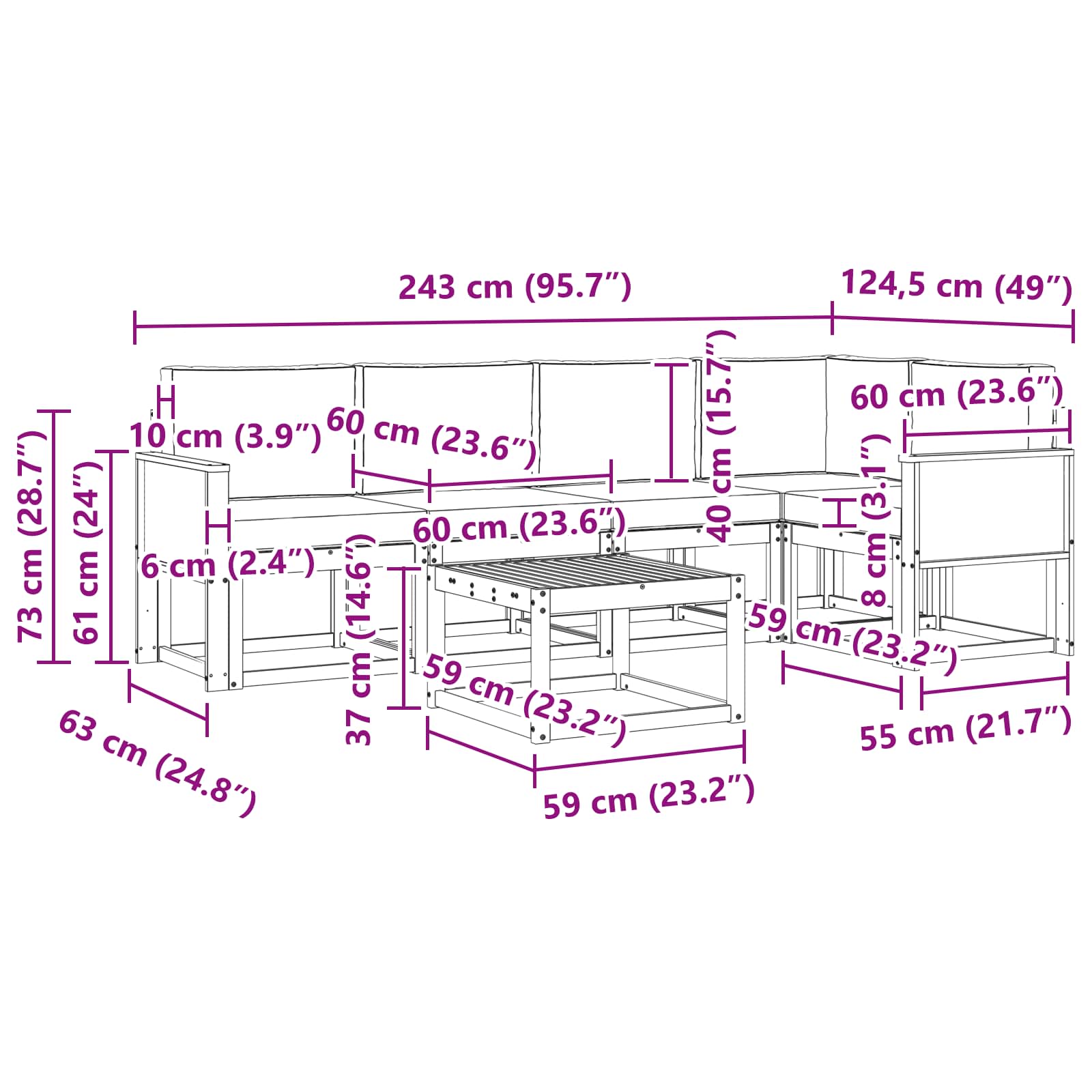 Set vanjskih sofa 6 pcs Prirodna i krem Čvrsto drvo akacije
