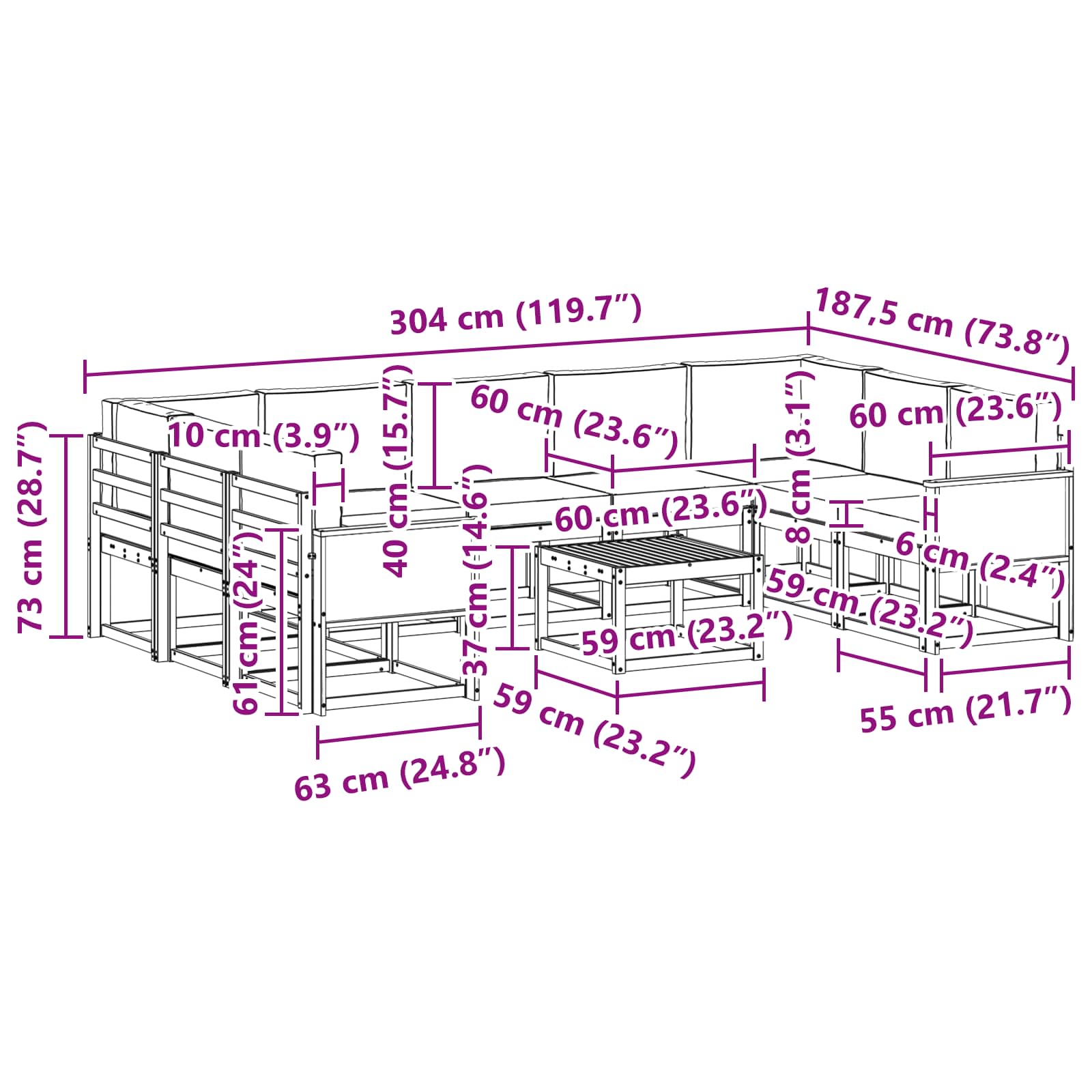 Set vanjskih sofa 10 pcs Prirodna i bež Čvrsto drvo akacije
