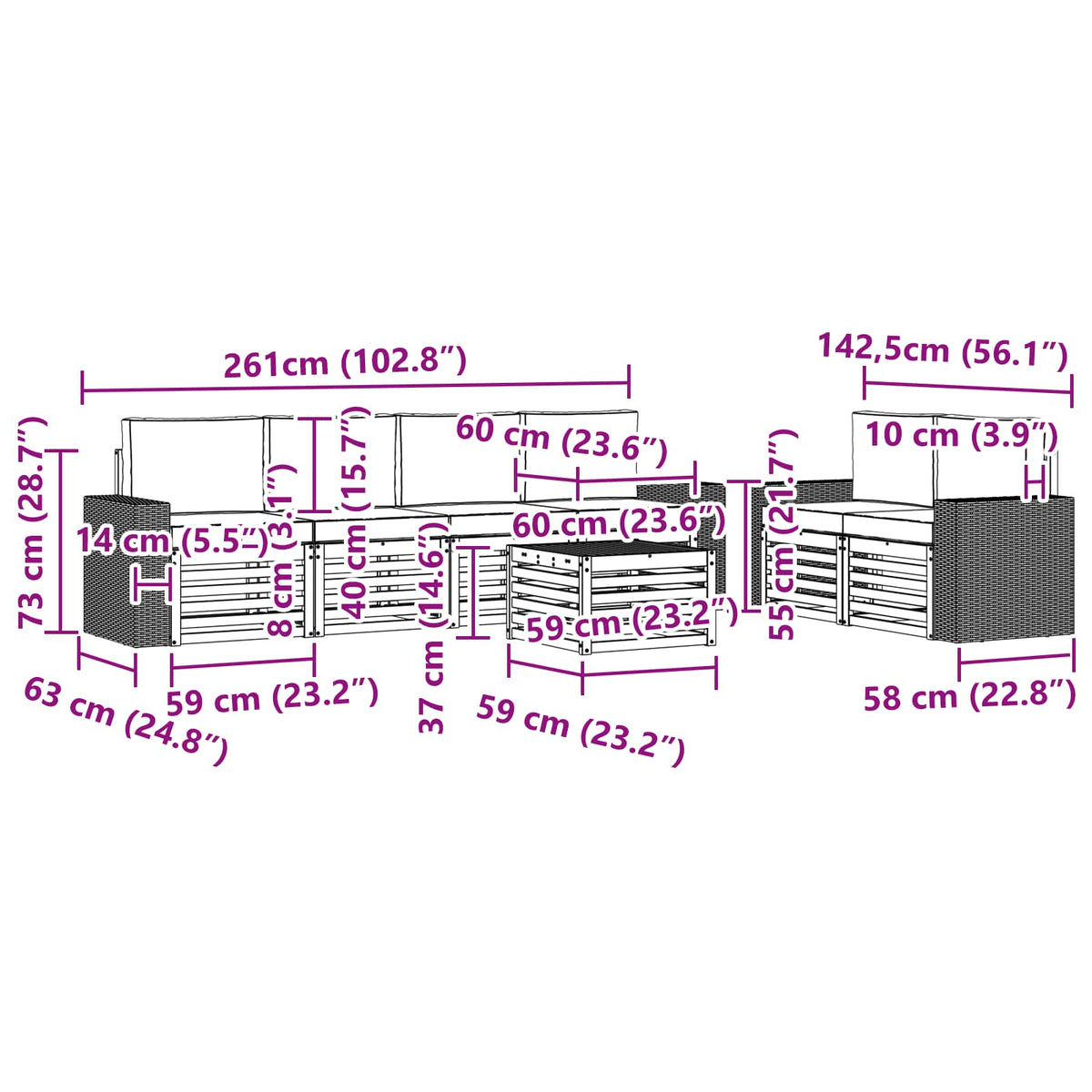 Set vanjskih sofa 7 kom. Prirodna i antracit