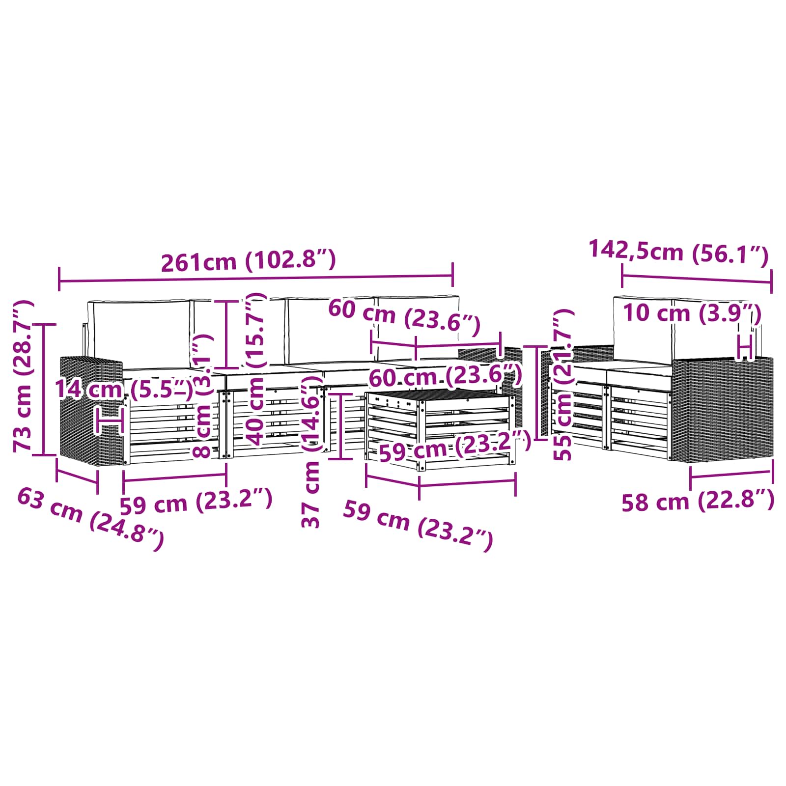 Set vanjskih sofa 7 kom. Prirodna i krem Čvrsto drvo akacije