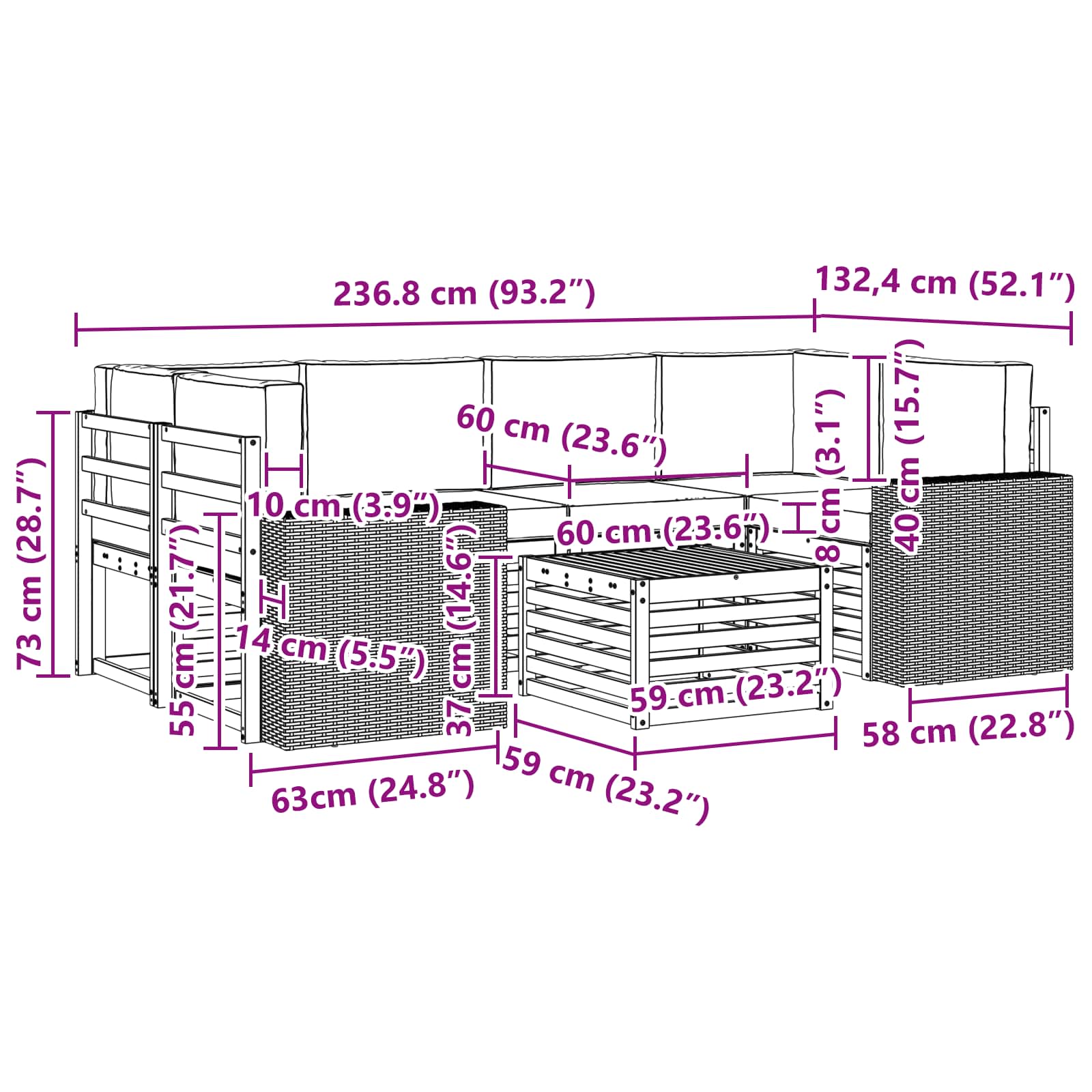 Set vanjskih sofa 7 kom. Prirodna i antracit