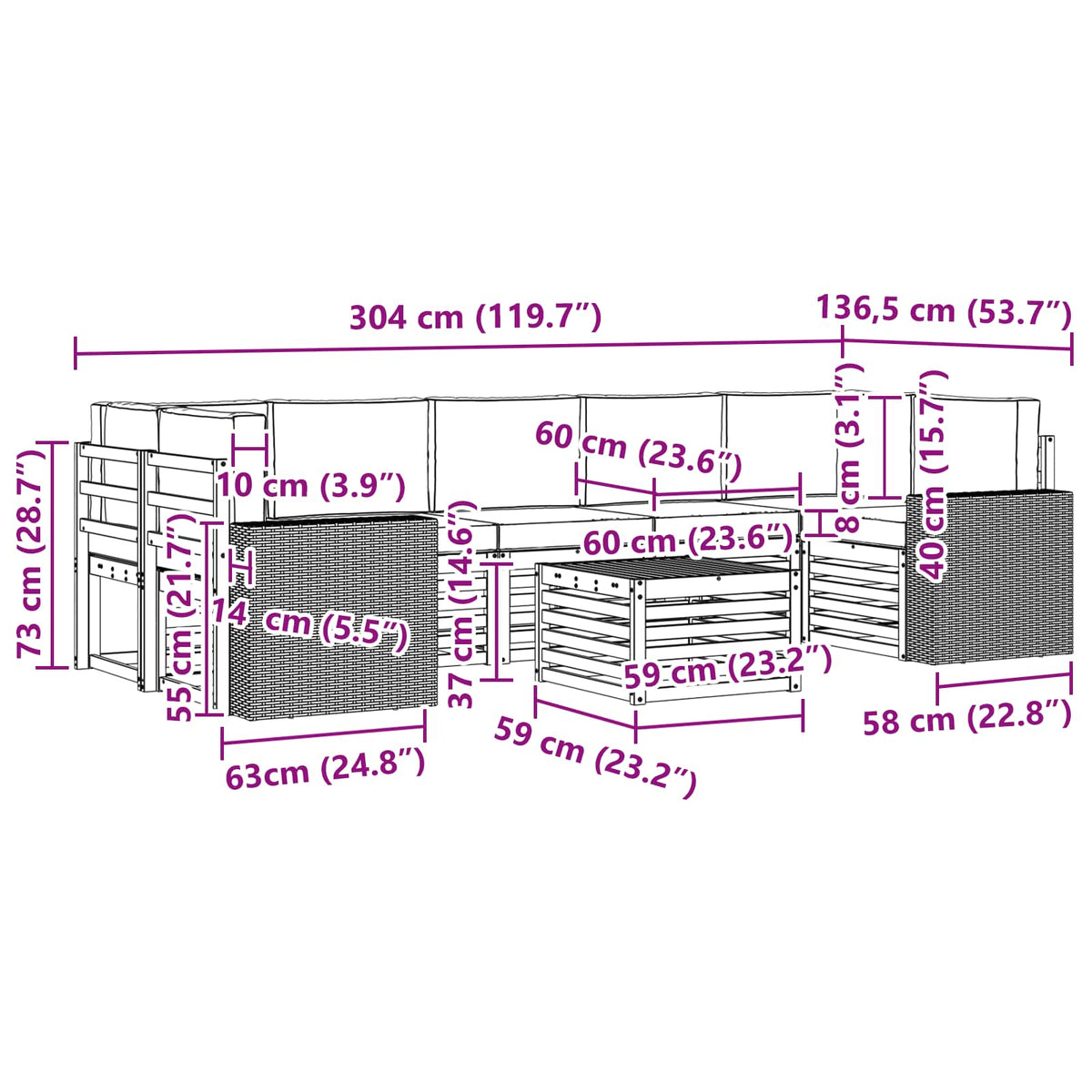 Set vanjskih sofa 8 kom. Prirodna i antracit