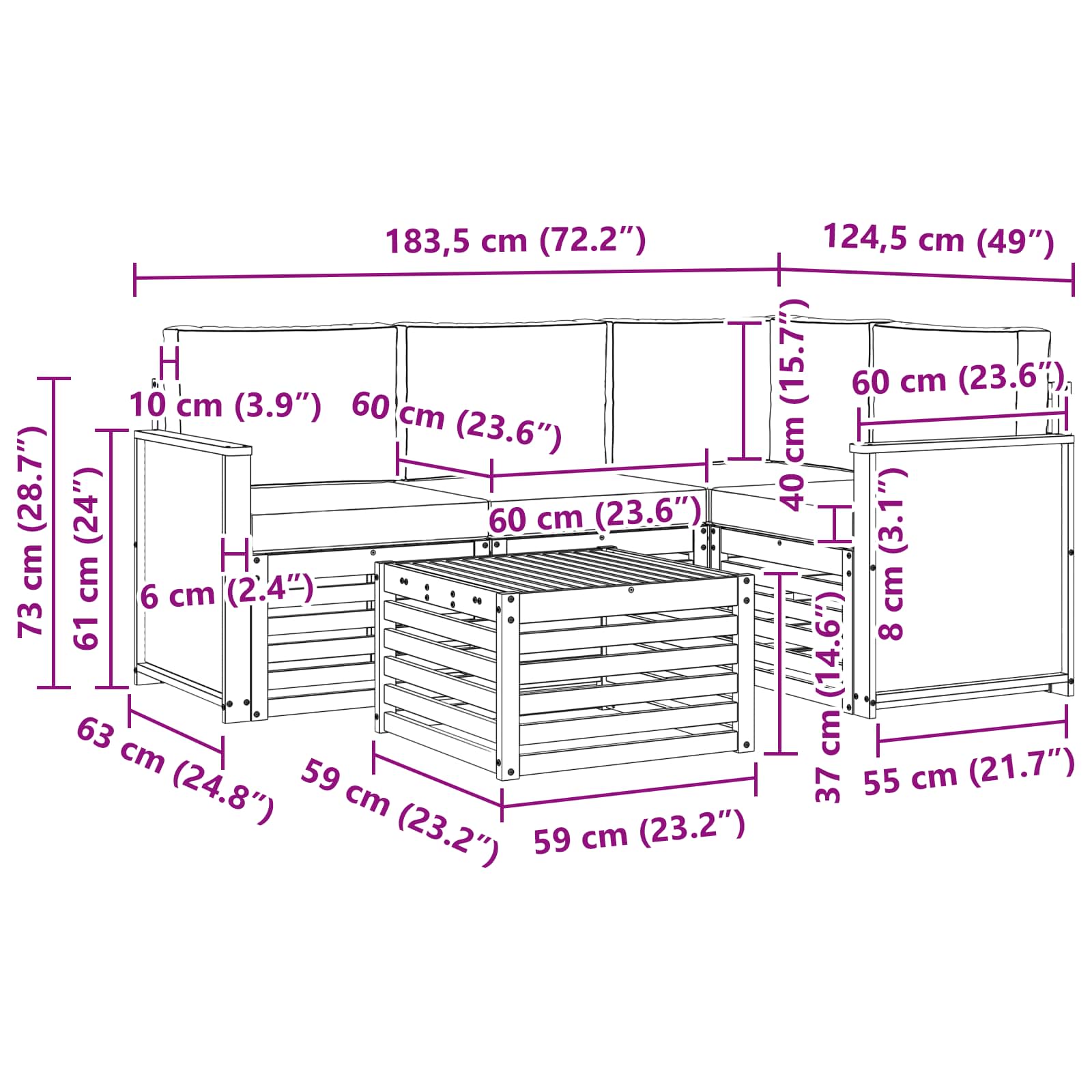 Set vanjskih sofa 5 pcs Prirodna i krem 59 x 59 x 37 cm