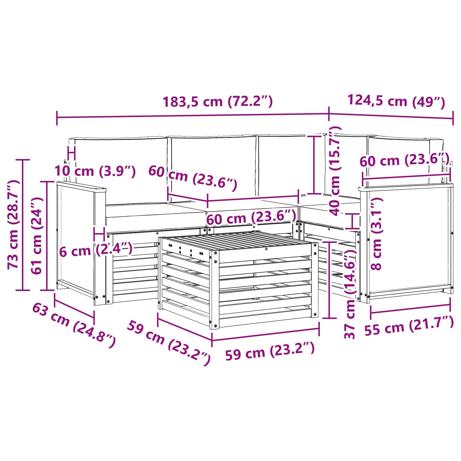 Set vanjskih sofa 5 pcs Prirodna i krem 59 x 59 x 37 cm