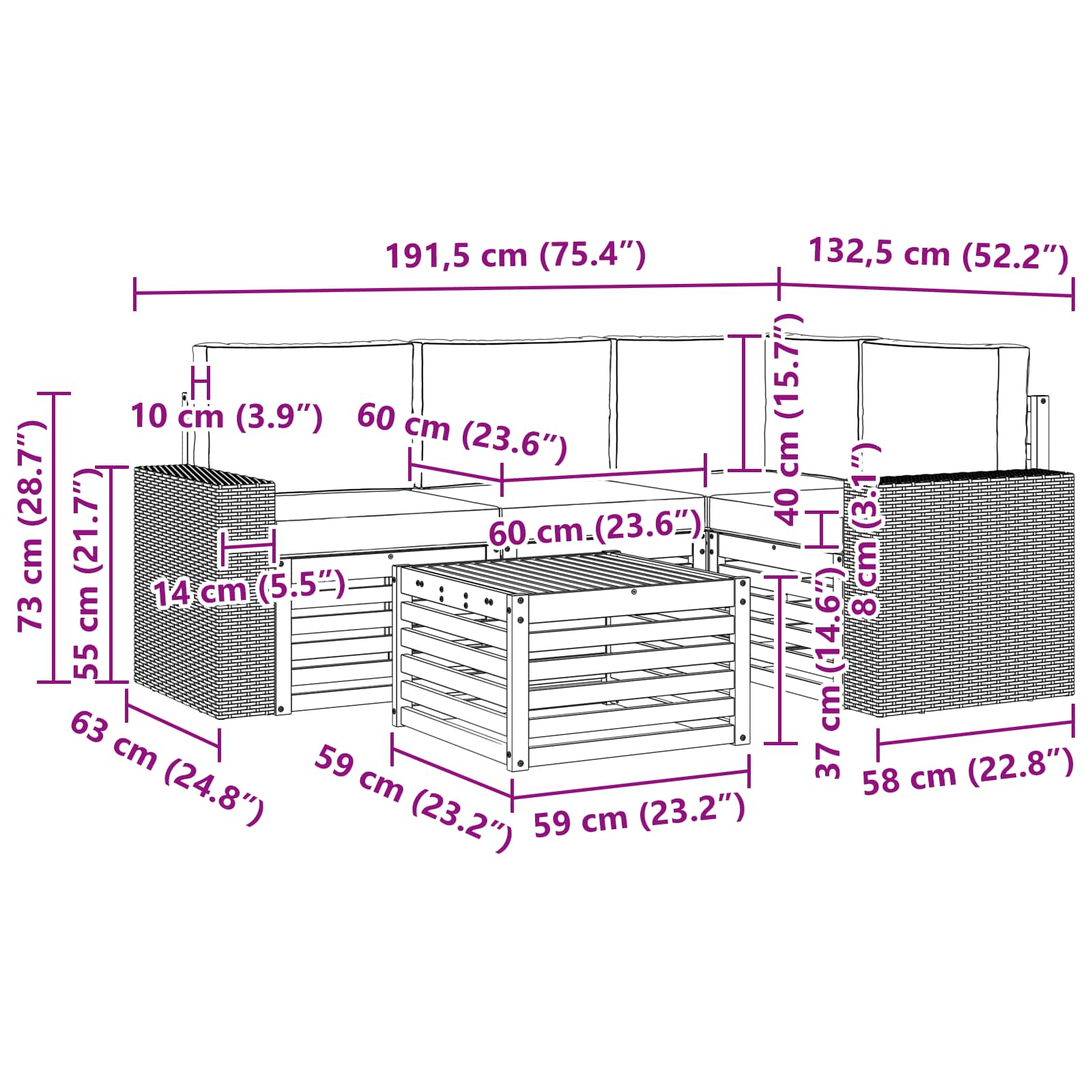 Set vanjskih sofa 5 pcs Prirodna i bež 59 x 59 x 37 cm