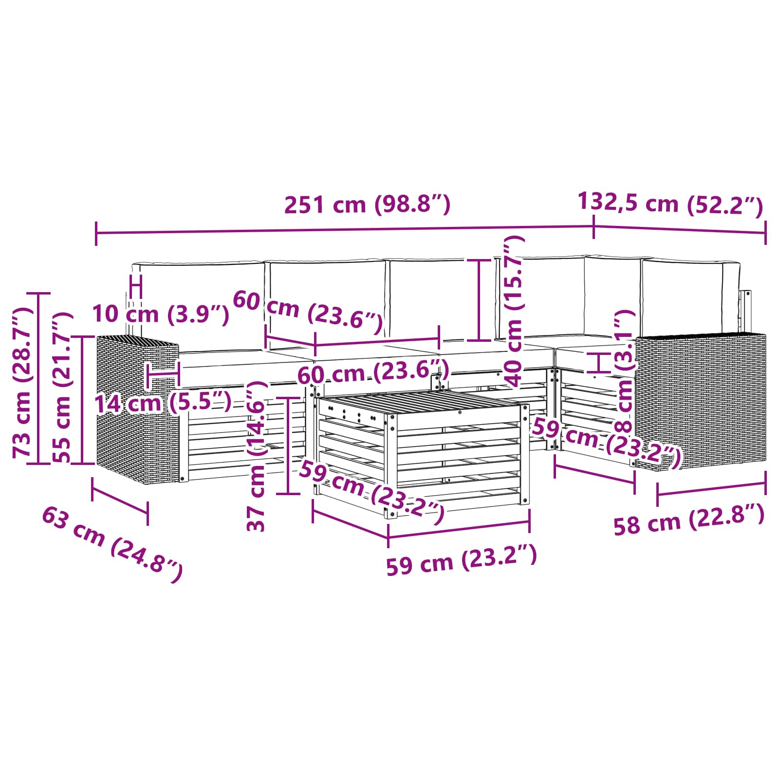 Sekcijska garnitura 6 pcs Prirodna i krem Čvrsto drvo akacije