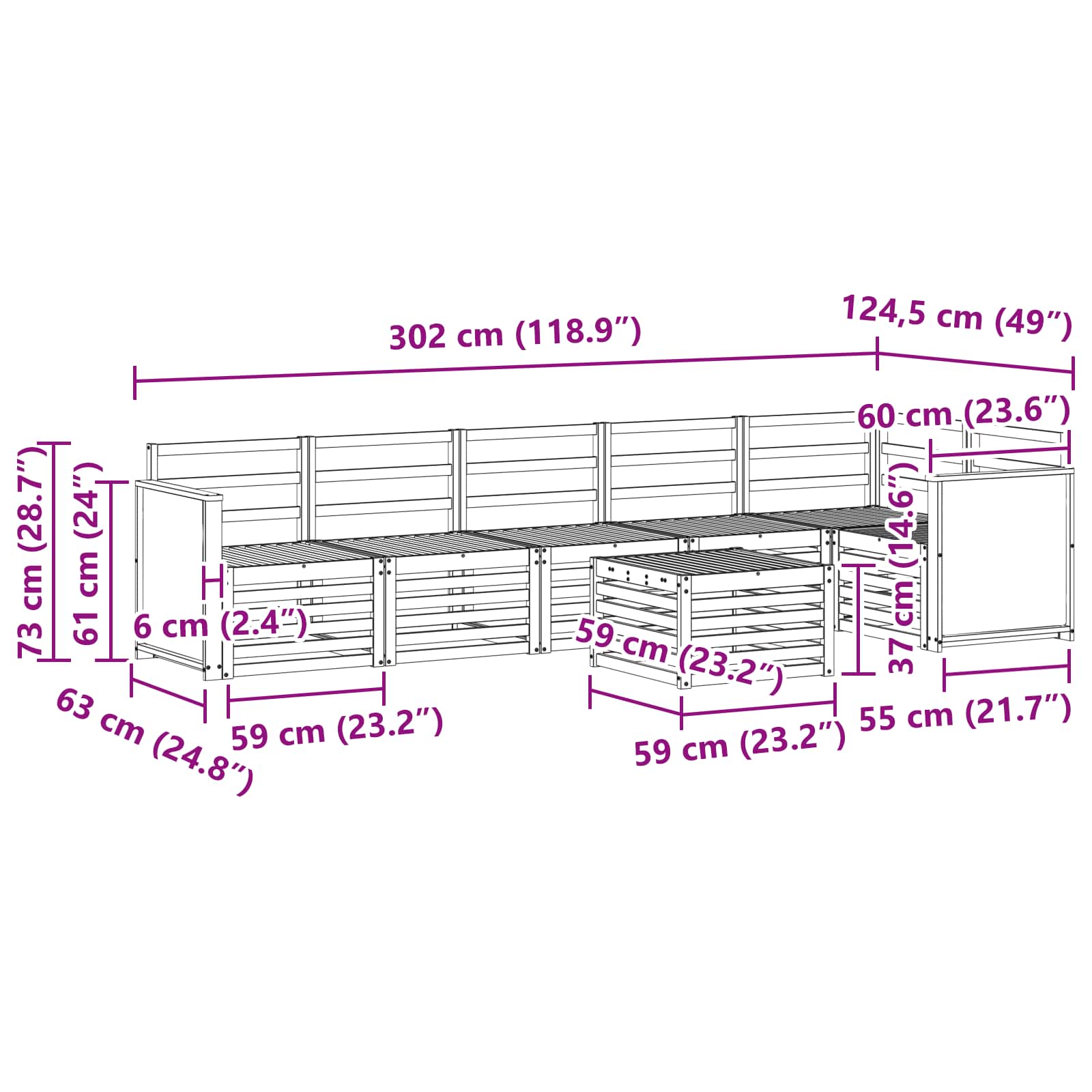 Sekcijska garnitura 6 pcs Prirodna Čvrsto drvo akacije