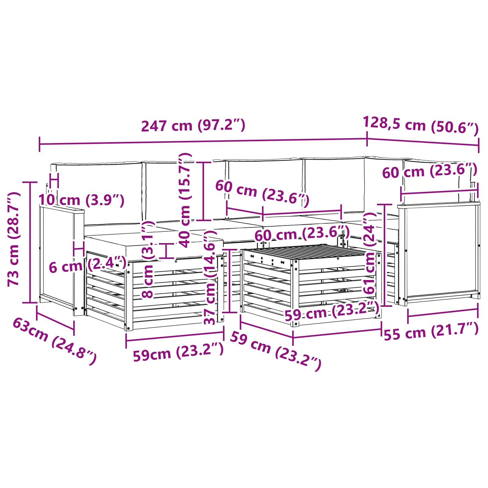 Sekcijska garnitura s jastukom 6 pcs Prirodna