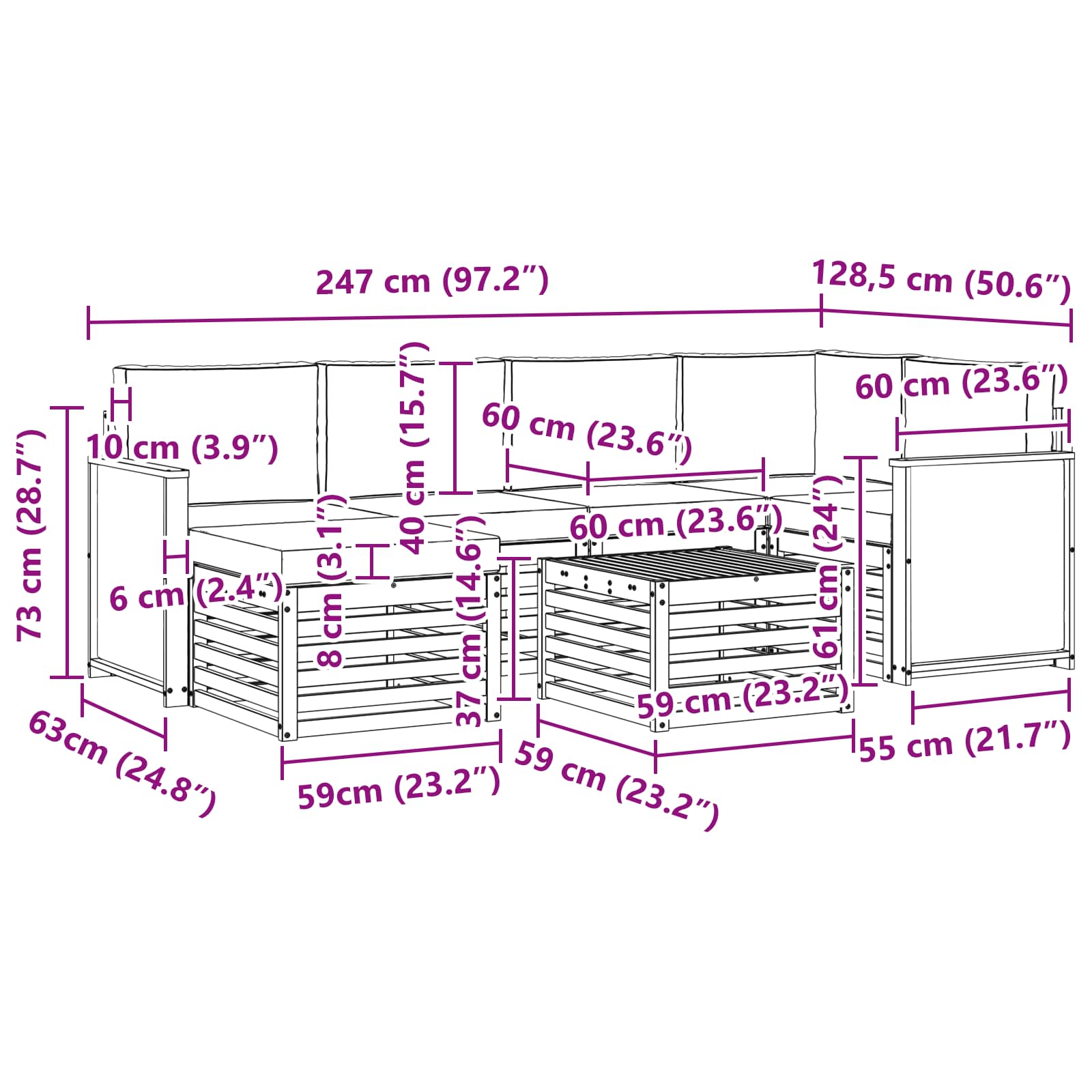 Sekcijska garnitura s jastukom 6 pcs Prirodna