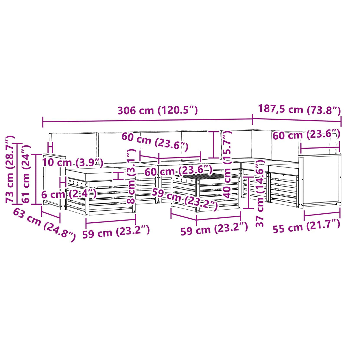 Set vanjskih sofa 7 kom. Prirodna