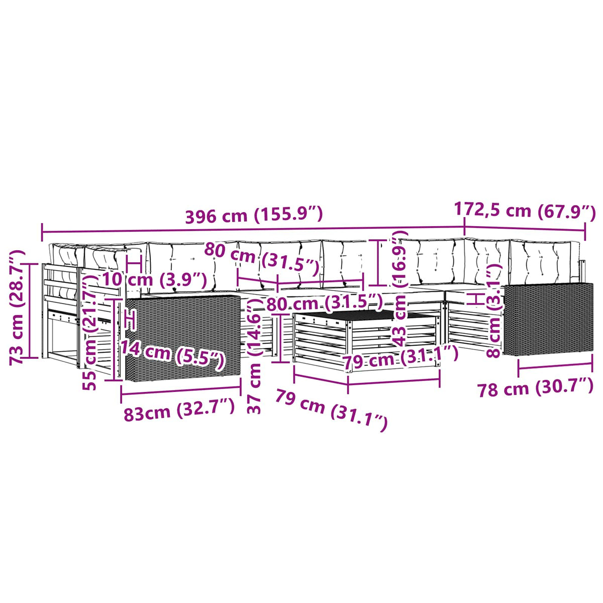 Set vanjskih sofa 8 kom. Prirodna i antracit