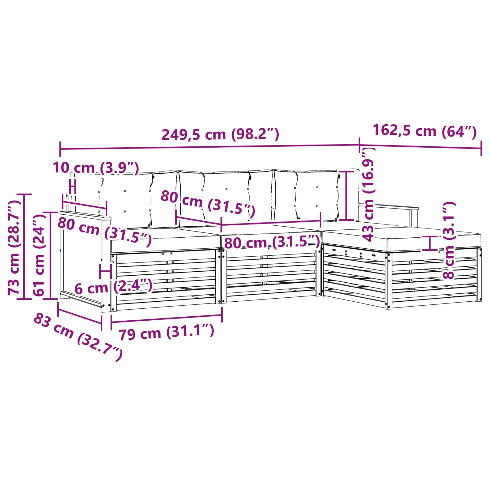 Set vanjskih sofa Prirodna i svjetlosiva 249,5 x 162,5 x 73 cm