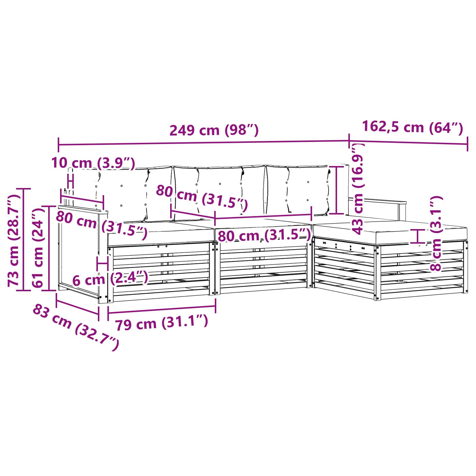Set vanjskih sofa Prirodna i svjetlosiva 249 x 162,5 x 73 cm