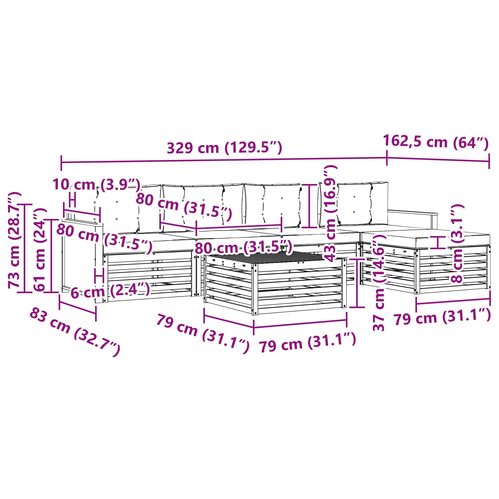 Set vanjskih sofa 6 pcs Prirodna i svjetlosiva 79 x 79 x 37 cm