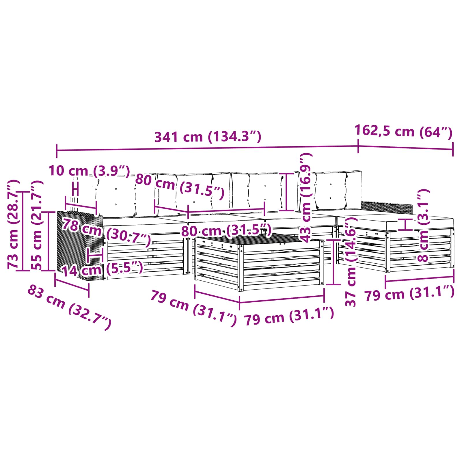 Set vanjskih sofa 6 pcs Prirodna i svjetlosiva 79 x 79 x 37 cm