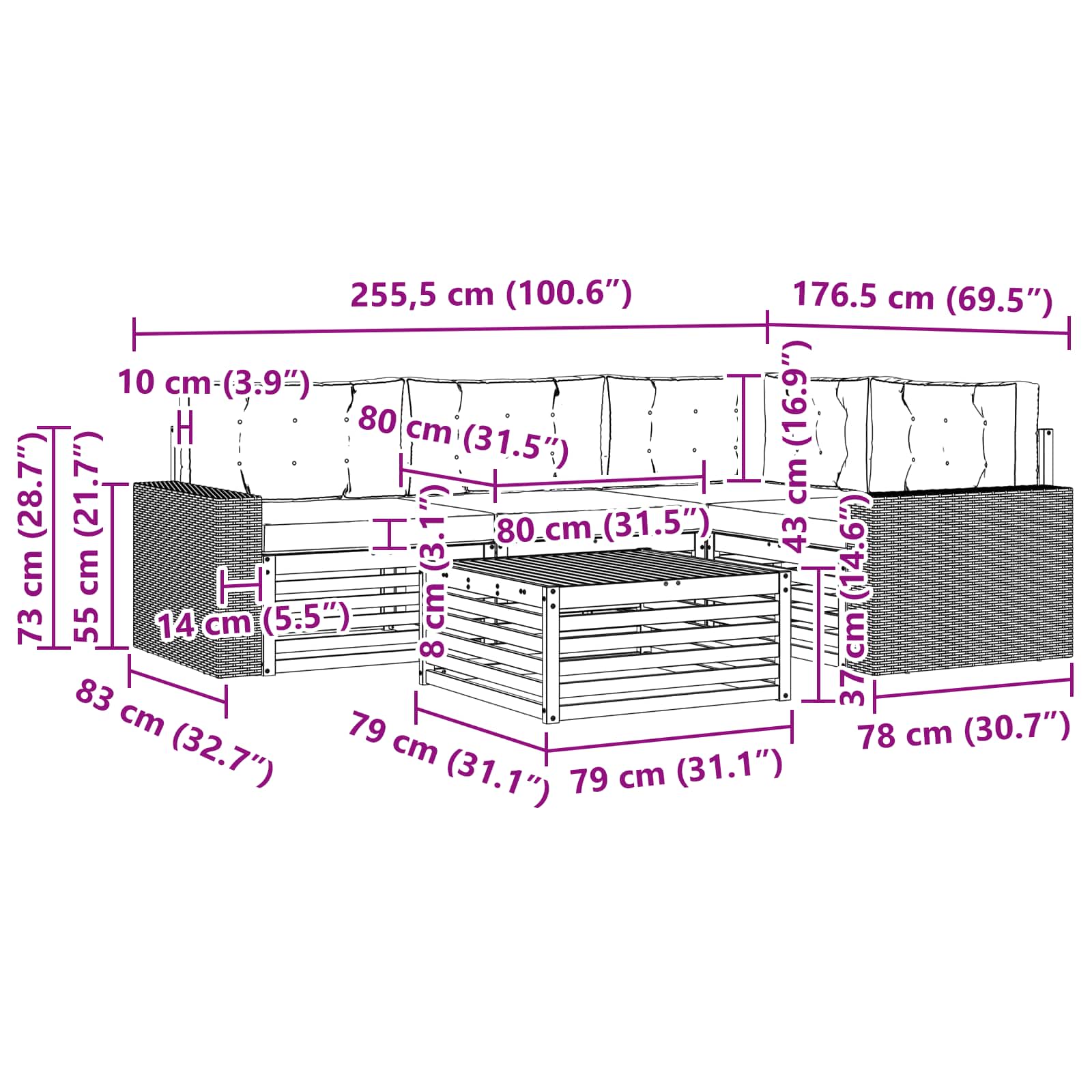 Set vanjskih sofa 5 pcs Prirodna i svjetlosiva 79 x 79 x 37 cm