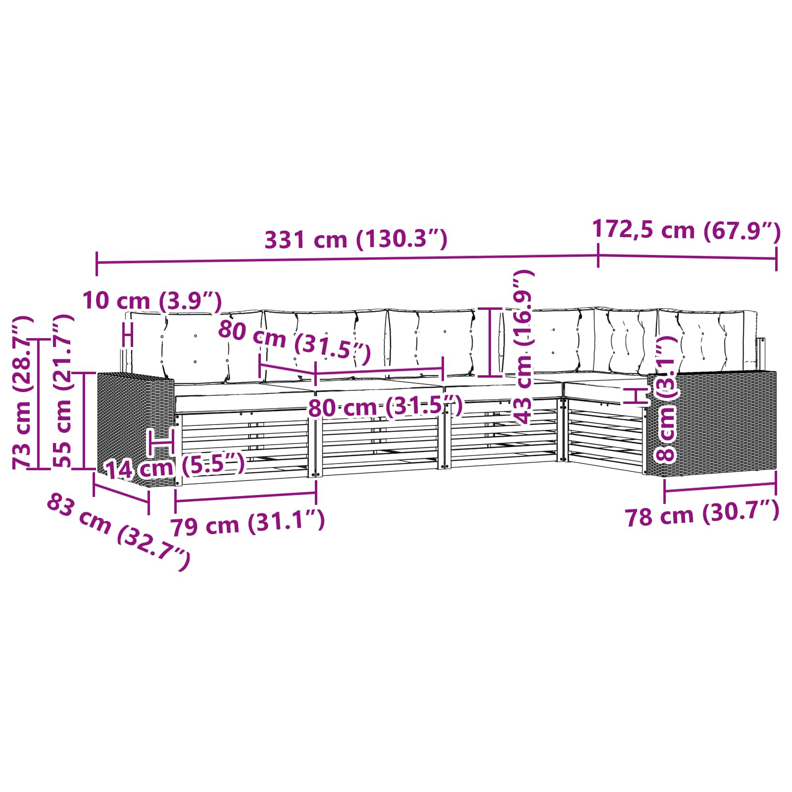 Set vanjskih sofa 5 pcs Prirodna i krem 331 x 172,5 x 73 cm