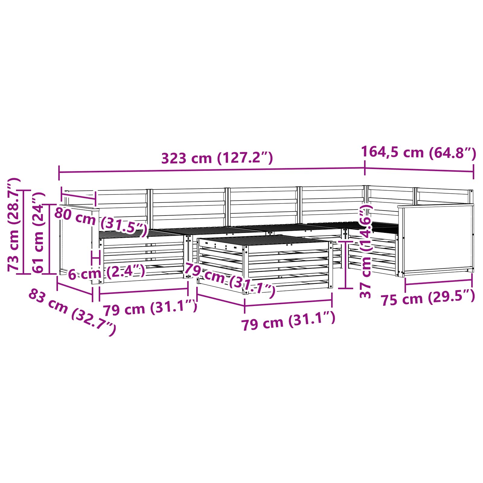Set vanjskih sofa 6 pcs Prirodna 79 x 79 x 37 cm