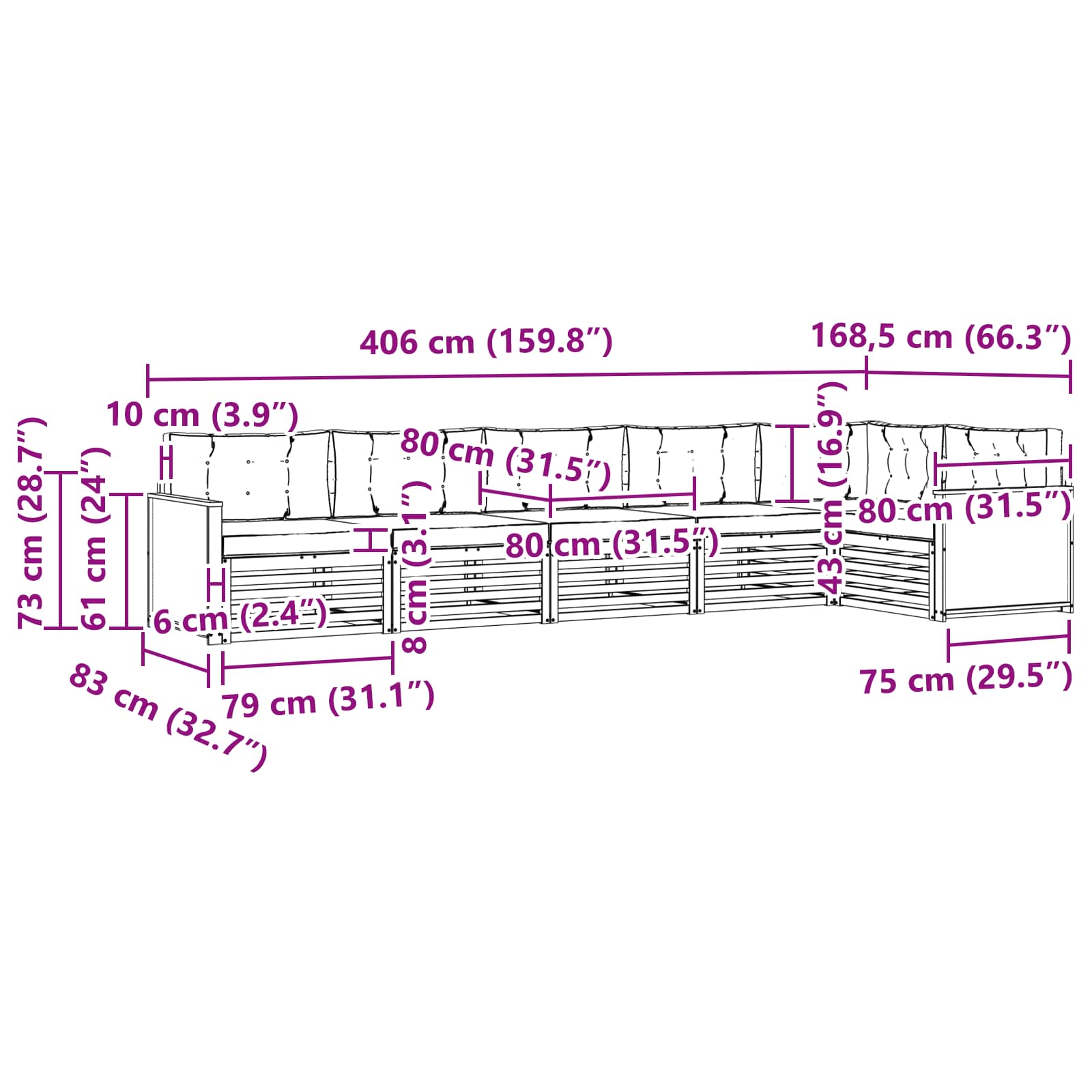 Set vanjskih sofa 6 pcs Prirodna i krem 406 x 168,5 x 73 cm