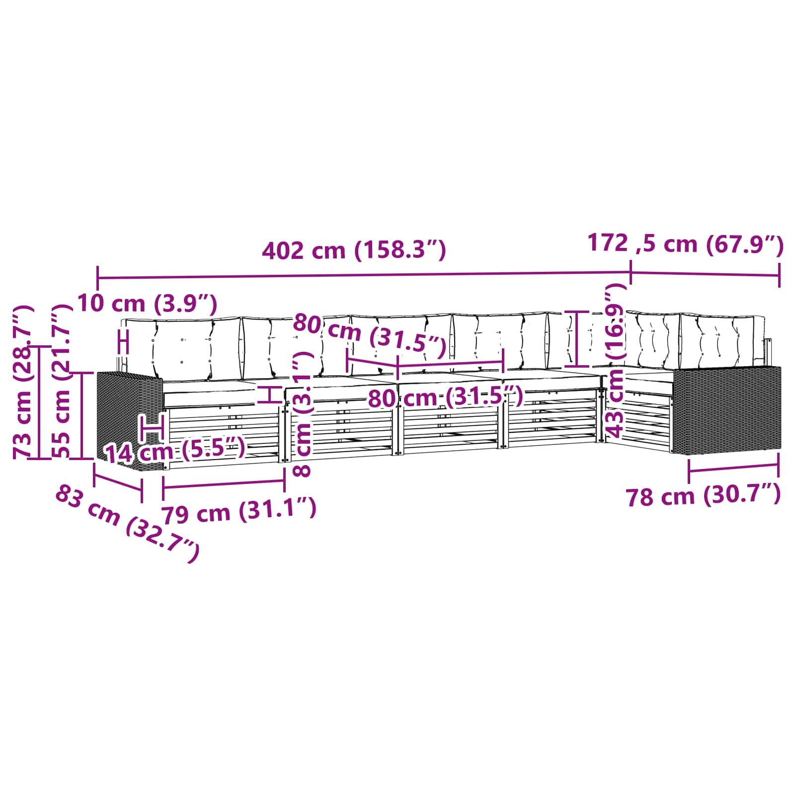 Set vanjskih sofa 6 pcs Prirodna i antracit 402 x 172,5 x 73 cm