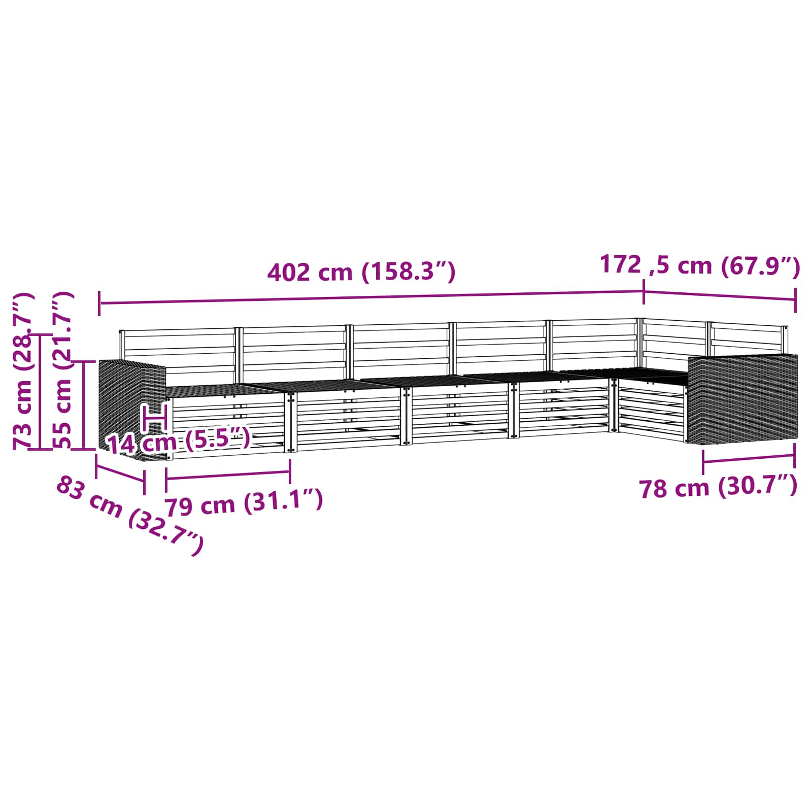 Set vanjskih sofa 6 pcs Prirodna 402 x 172,5 x 73 cm