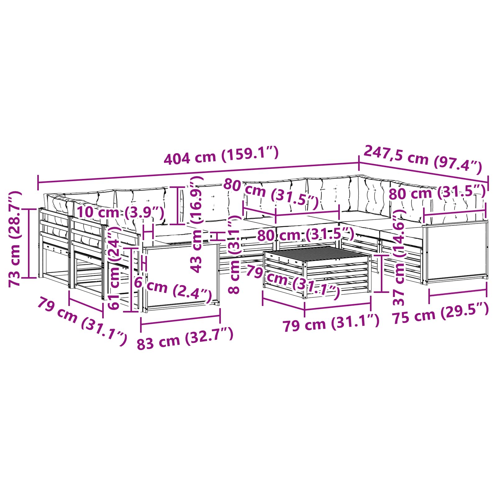 Set vanjskih sofa s jastukom 10 pcs Prirodna i svjetlosiva