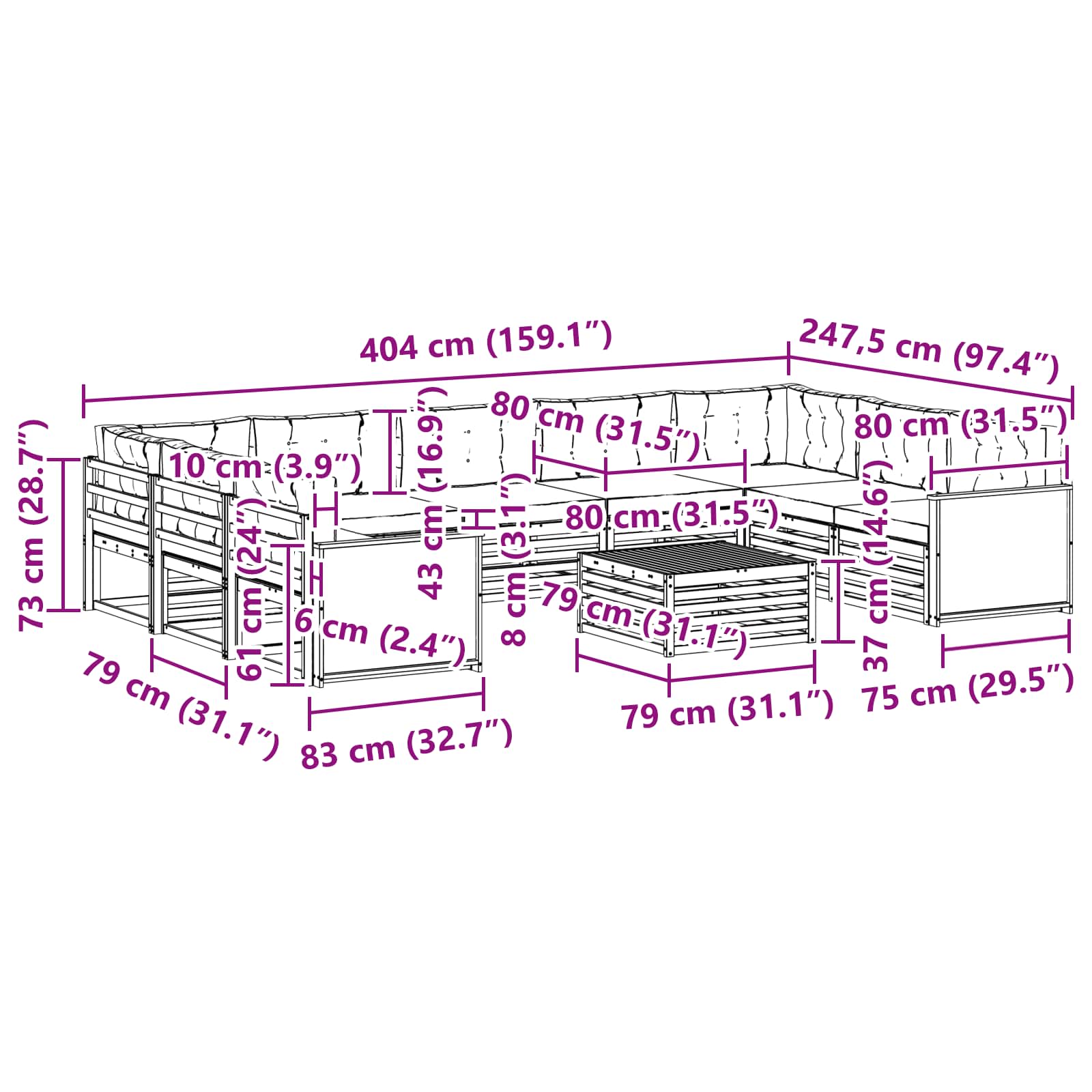 Set vanjskih sofa 10 pcs Prirodna i krem Čvrsto drvo akacije