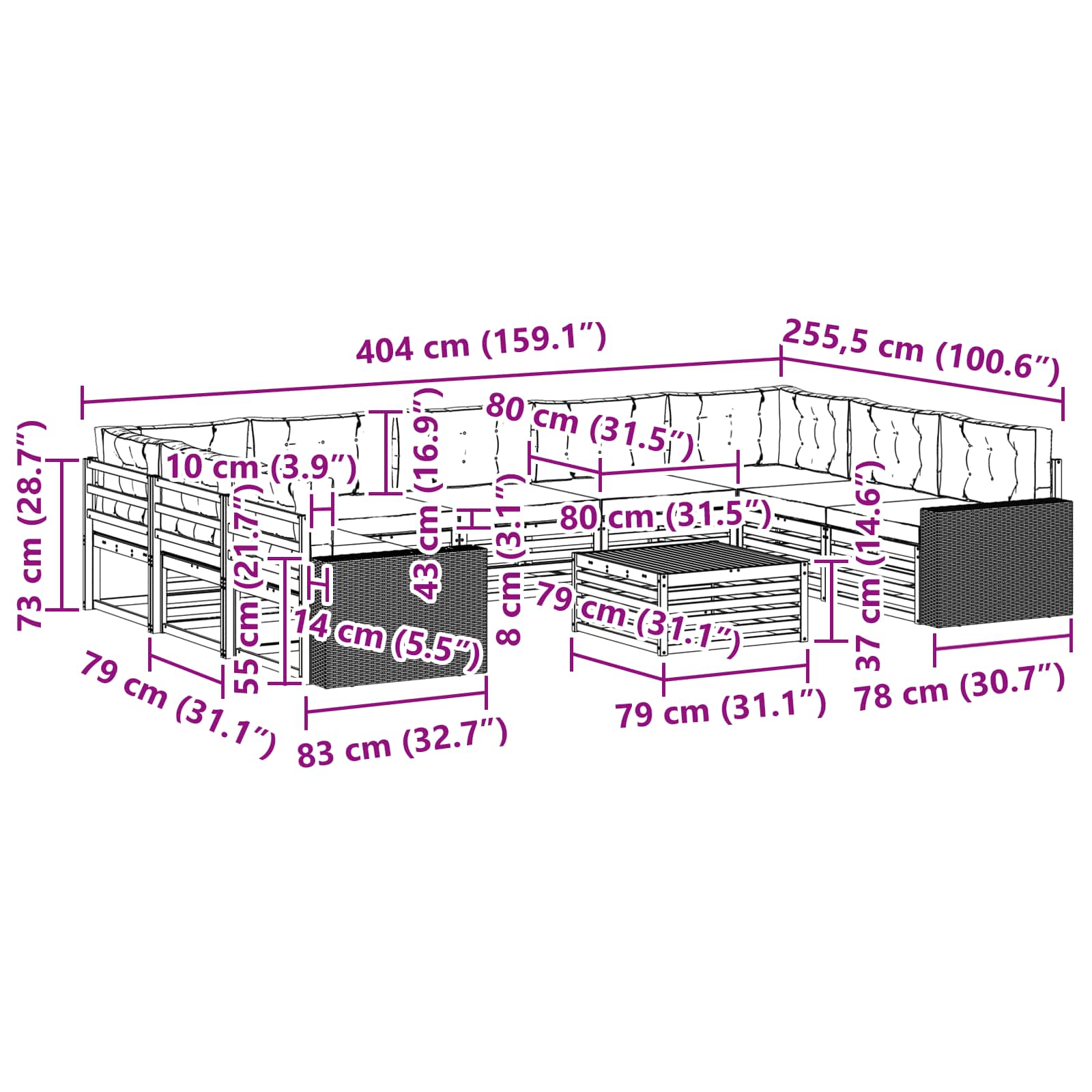 Set vanjskih sofa 10 pcs Prirodna i bež Čvrsto drvo akacije
