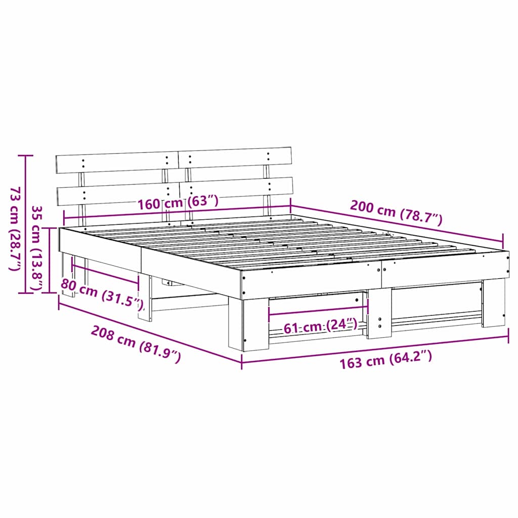Krevetna konstrukcija Bijelo 160 x 200 cm Čvrsto borovo drvo