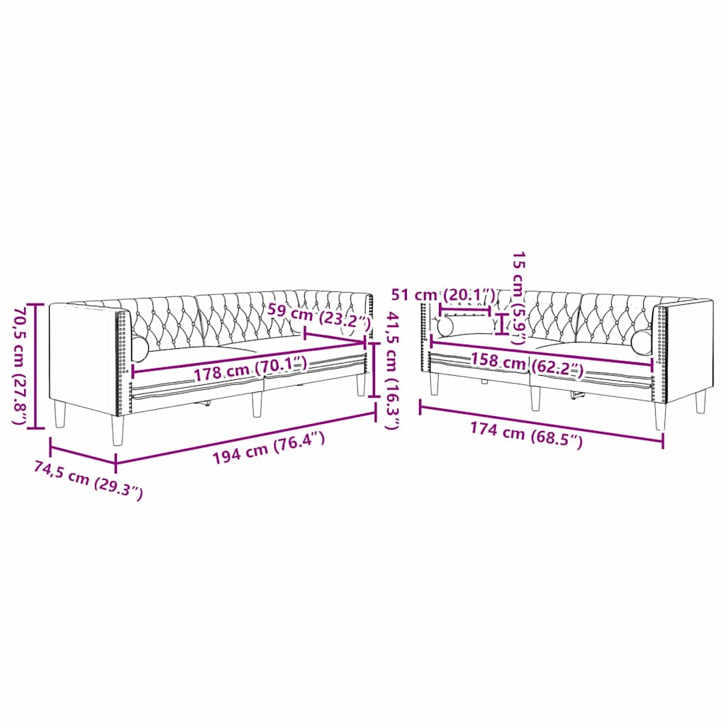 Kauč za dnevni boravak 2 pcs Svijetlo siva 194 x 74,5 x 70,5 cm